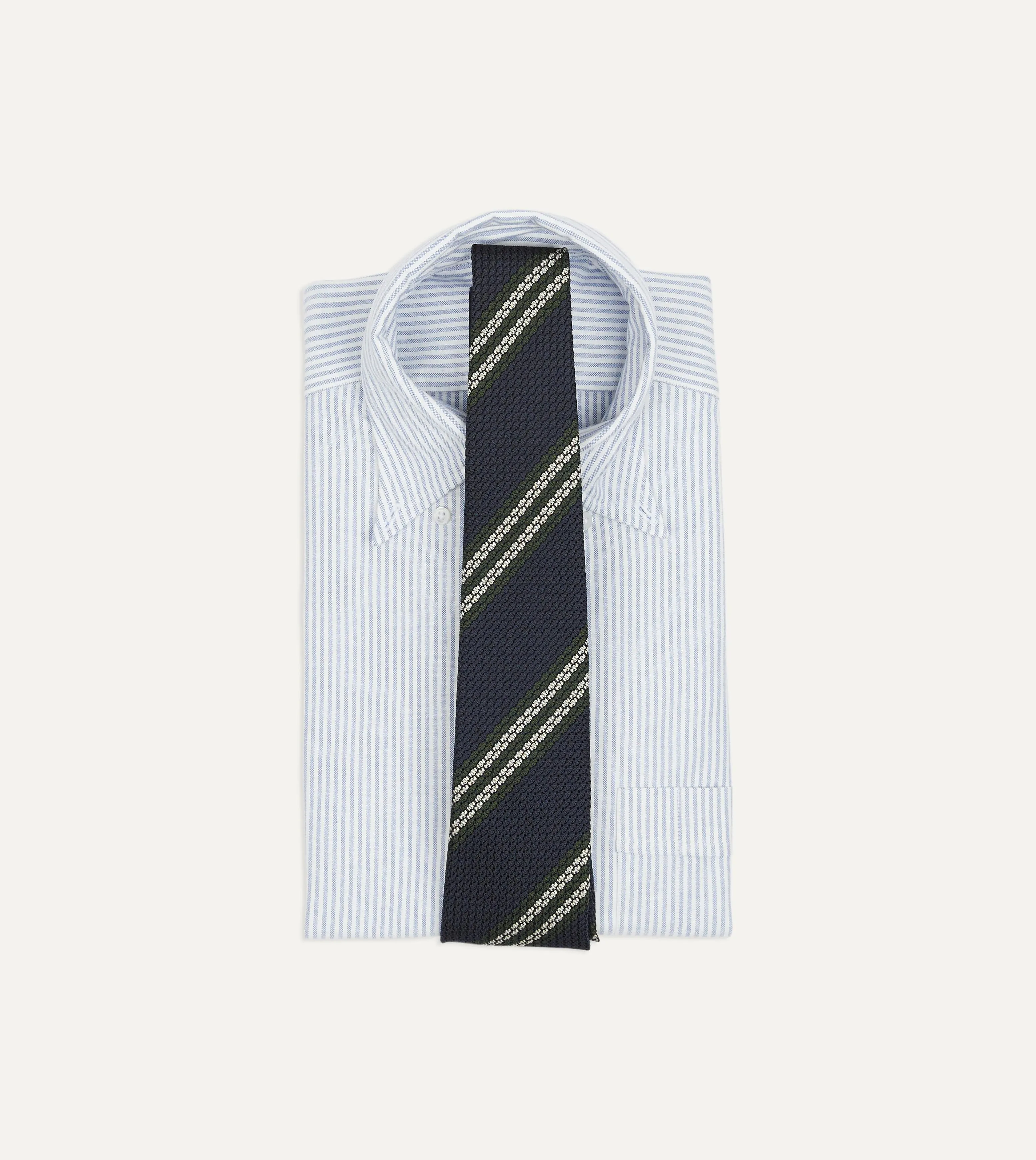 Navy, Green and White Double Stripe Silk Grenadine Tie sold by Drake's London product image thumbnail 2