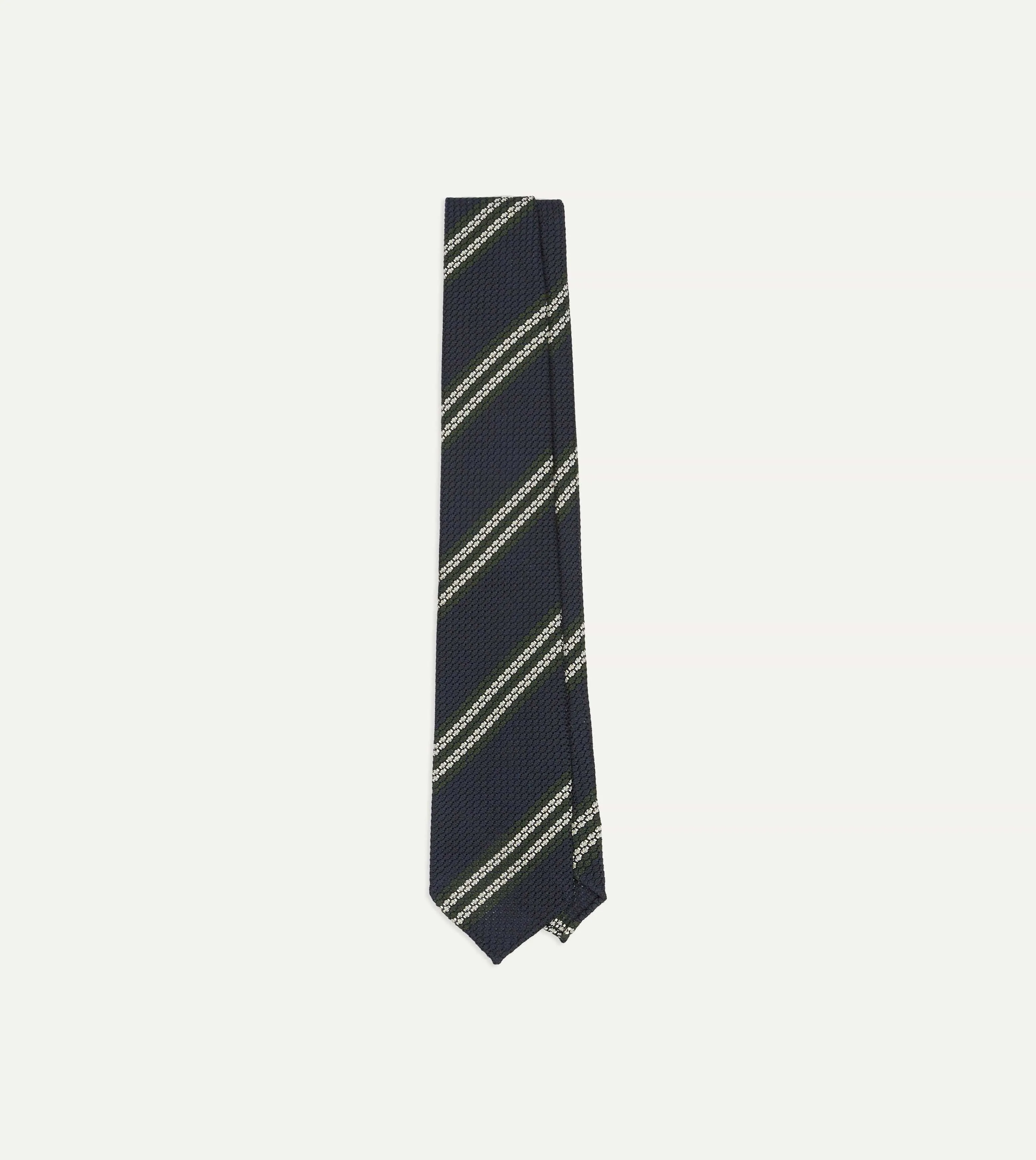 Navy, Green and White Double Stripe Silk Grenadine Tie sold by Drake's London