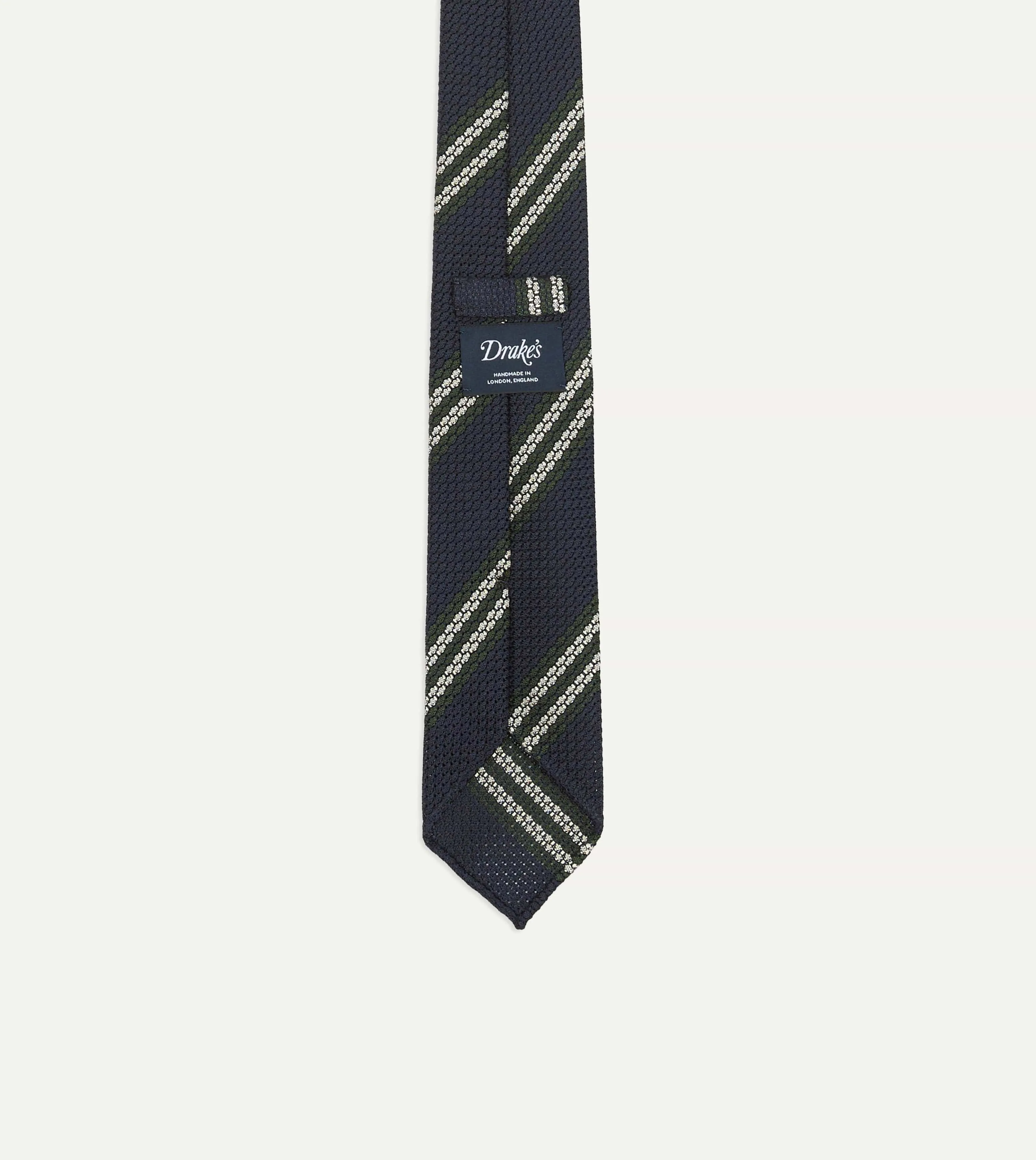 Navy, Green and White Double Stripe Silk Grenadine Tie sold by Drake's London product image thumbnail 3