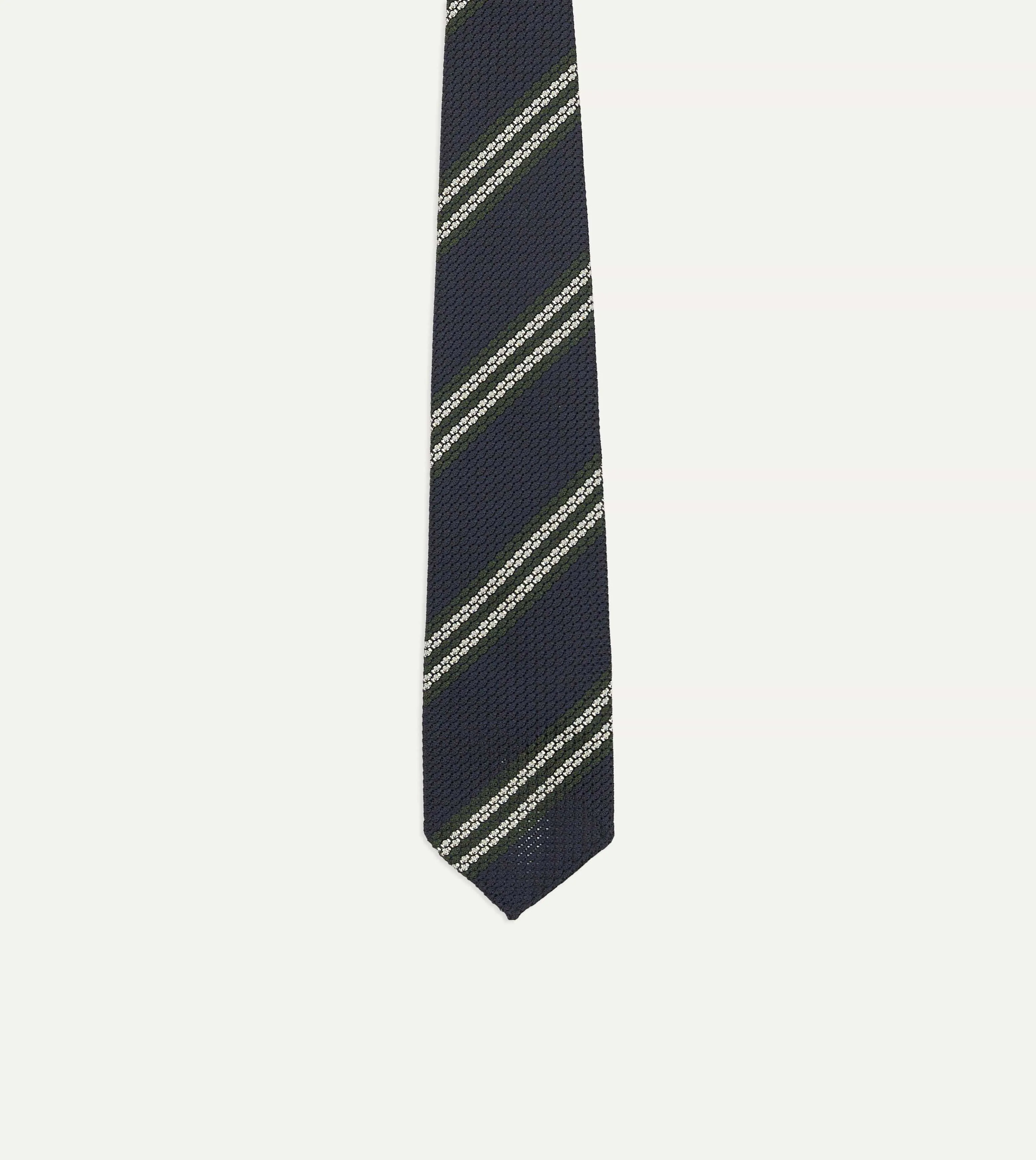 Navy, Green and White Double Stripe Silk Grenadine Tie sold by Drake's London product image thumbnail 4