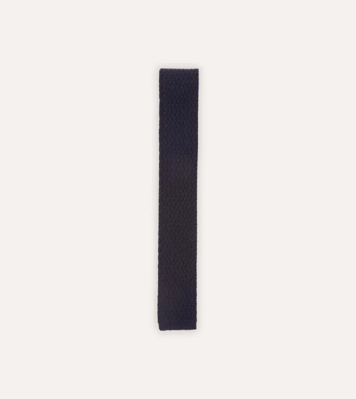 Navy Knitted Cashmere Wool Solid Colour Tie sold by Drake's London