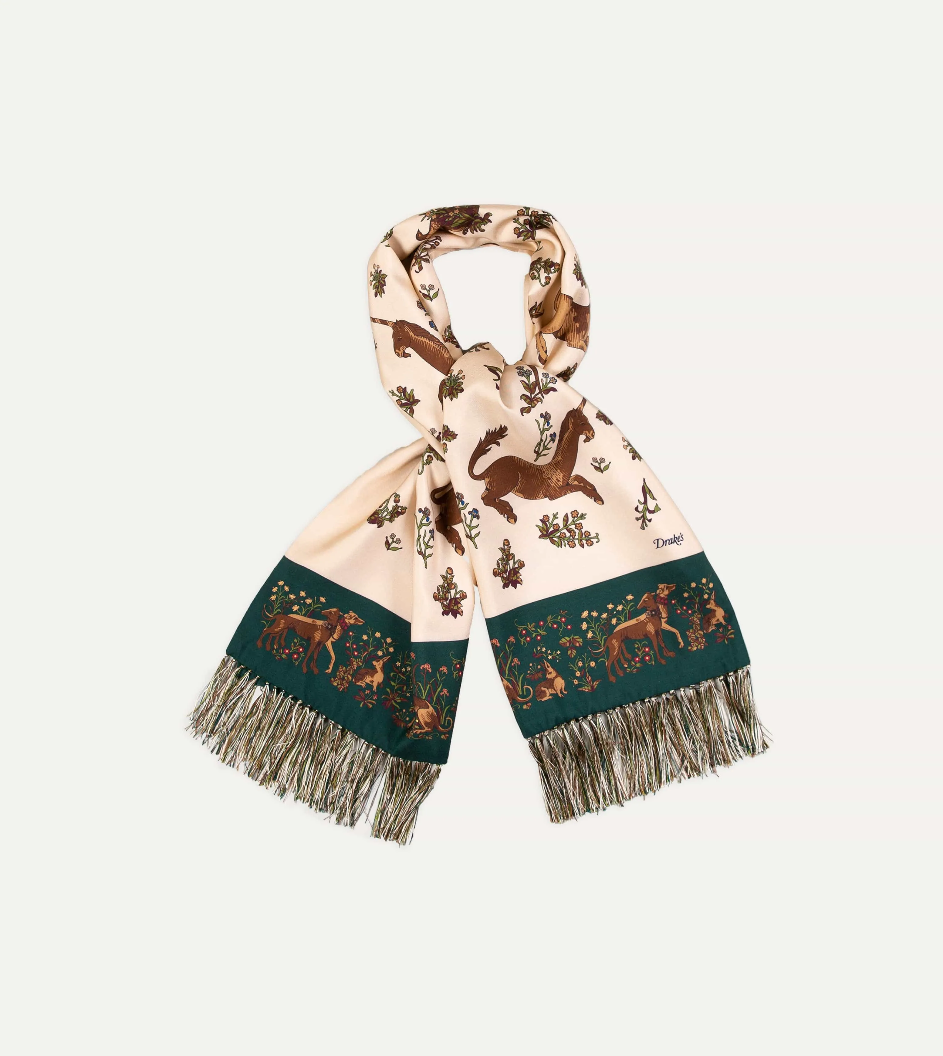 Ecru Unicorn Print Tubular Silk Tasselled Scarf sold by Drake's London