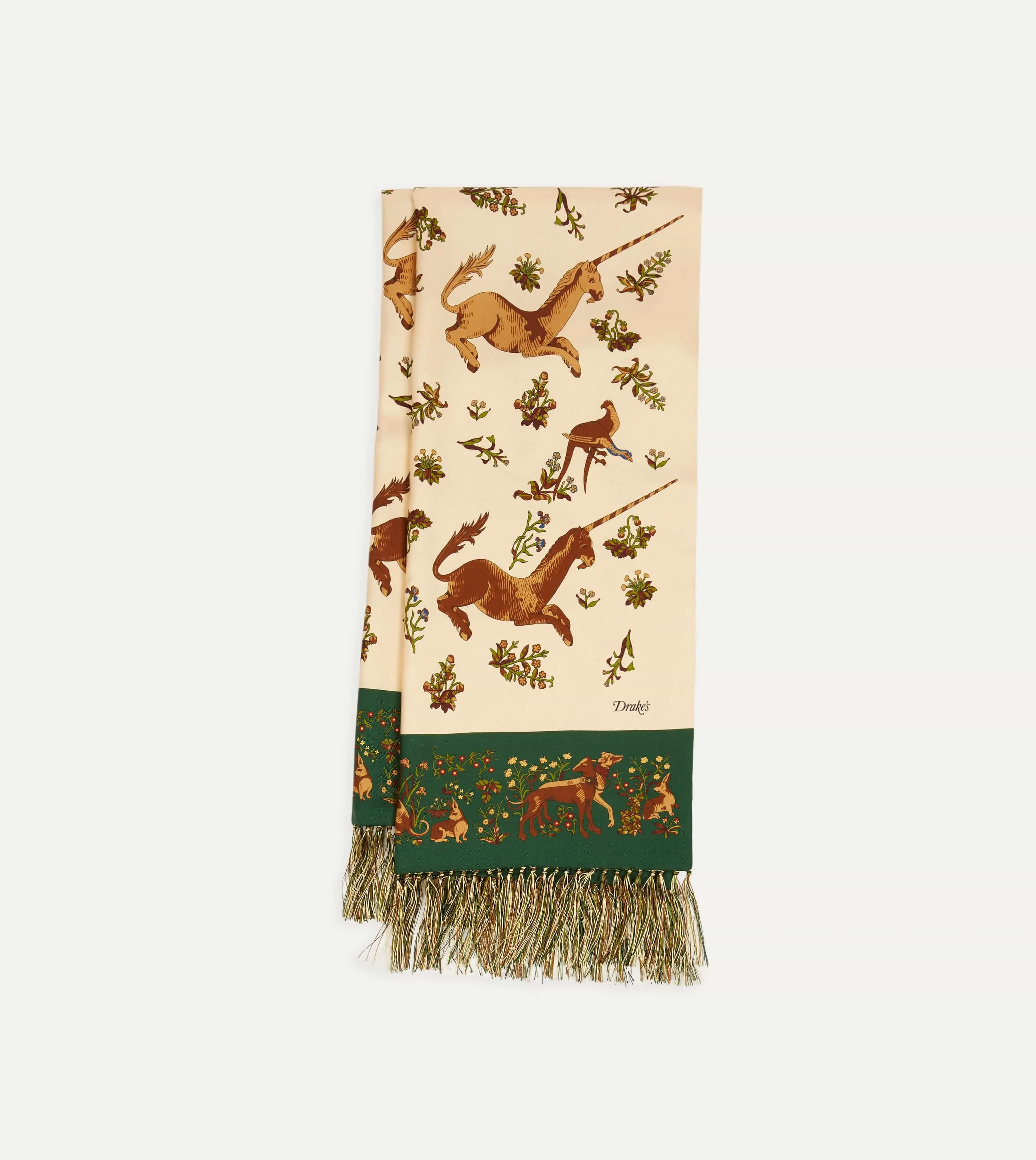 Ecru Unicorn Print Tubular Silk Tasselled Scarf sold by Drake's London product image thumbnail 3