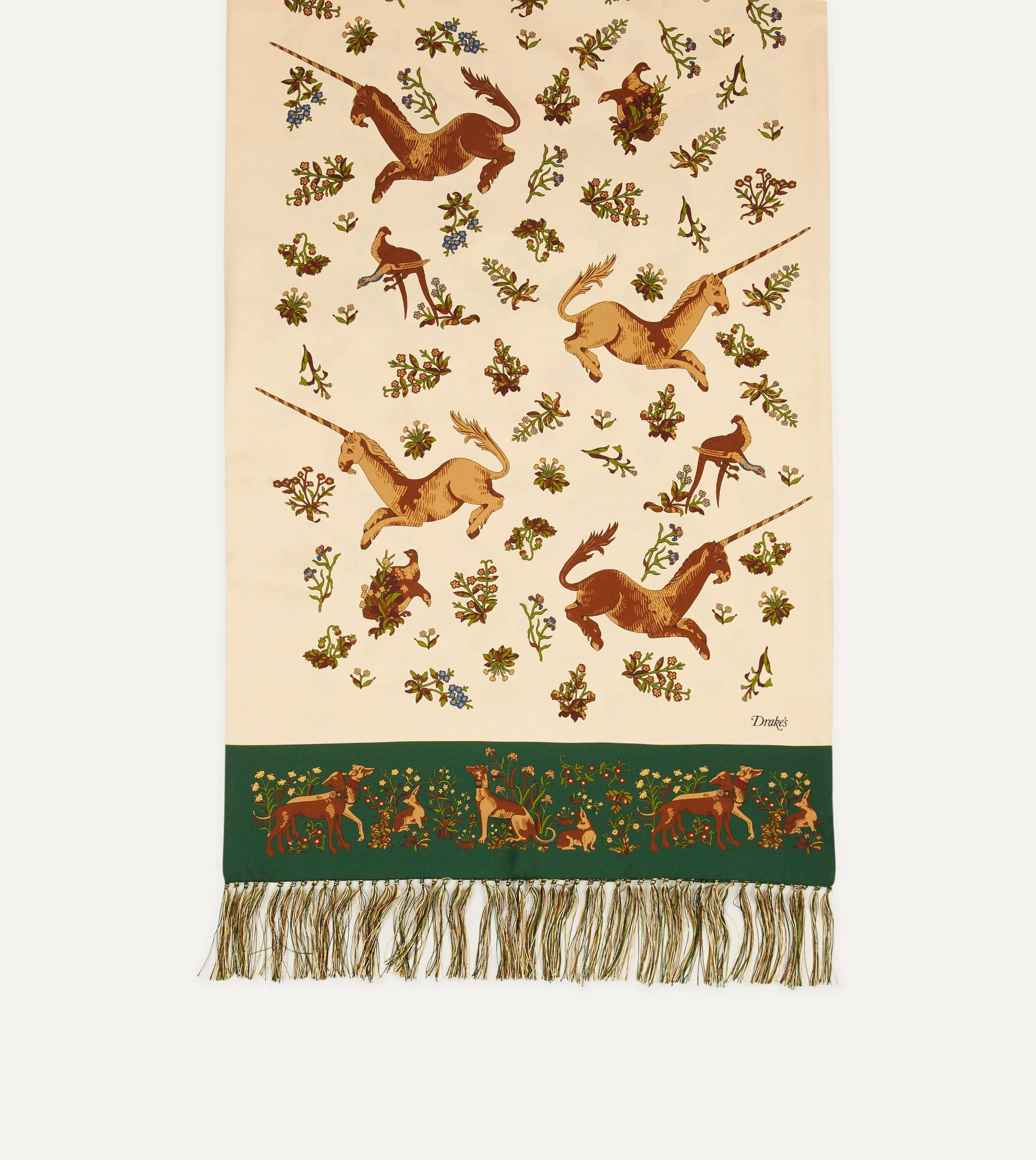 Ecru Unicorn Print Tubular Silk Tasselled Scarf sold by Drake's London product image thumbnail 4