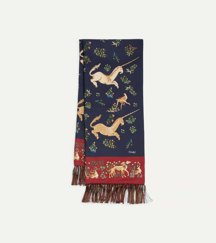 Navy Unicorn Print Tubular Silk Tasselled Scarf sold by Drake's London