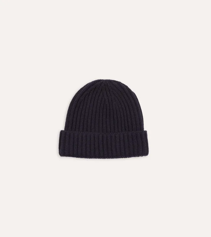 Navy Cashmere Ribbed Knit Beanie sold by Drake's London