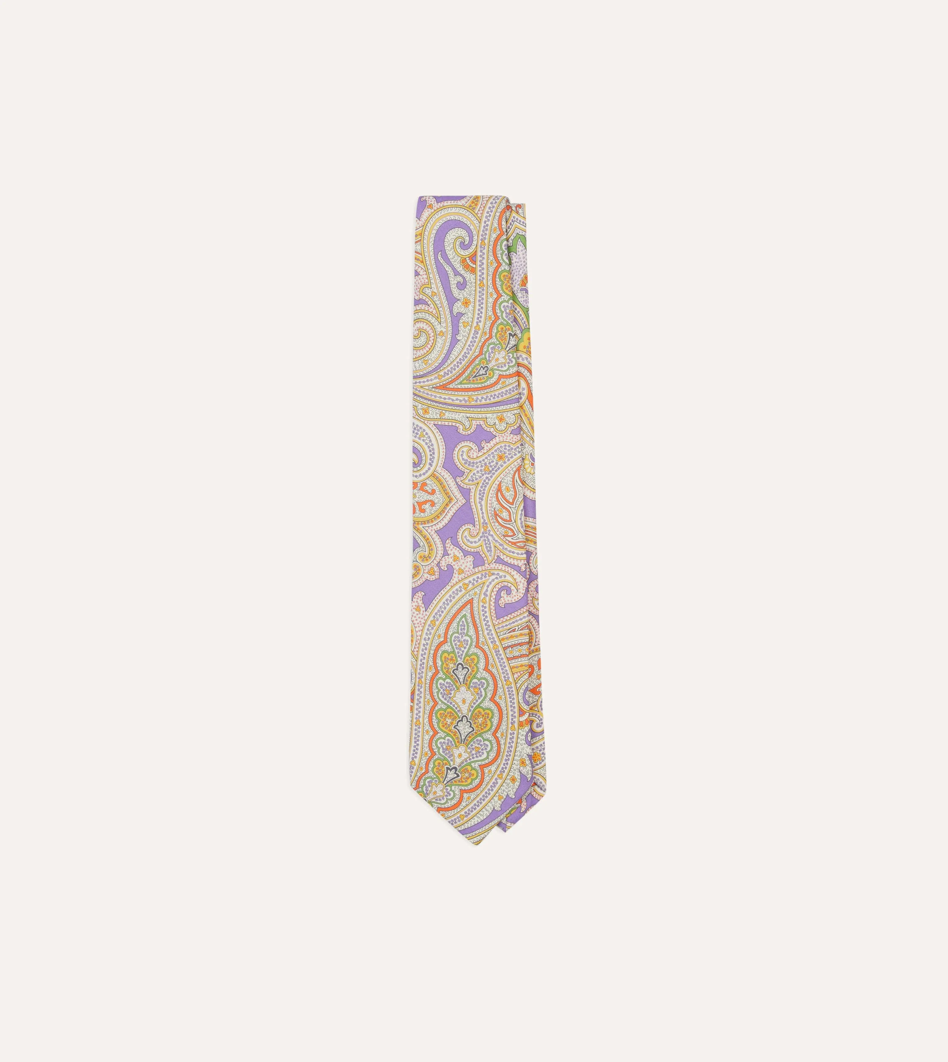 Lilac Large Paisley Silk Self-Tipped Tie sold by Drake's London