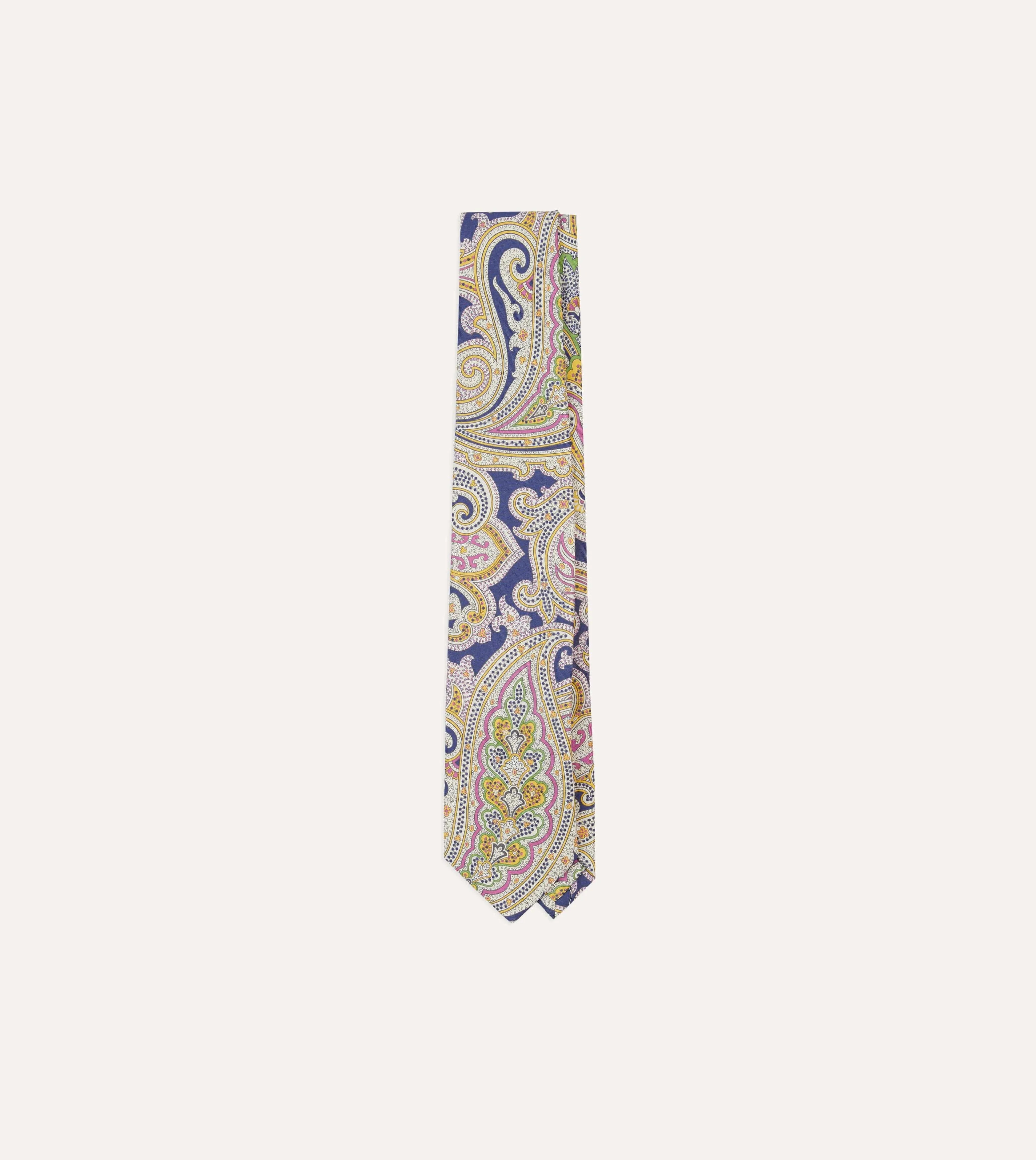 Navy Large Paisley Silk Self-Tipped Tie sold by Drake's London