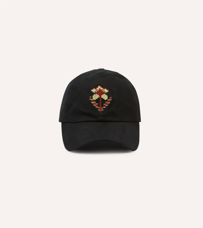 Washed Black Flower Emblem Cotton Baseball Cap sold by Drake's London