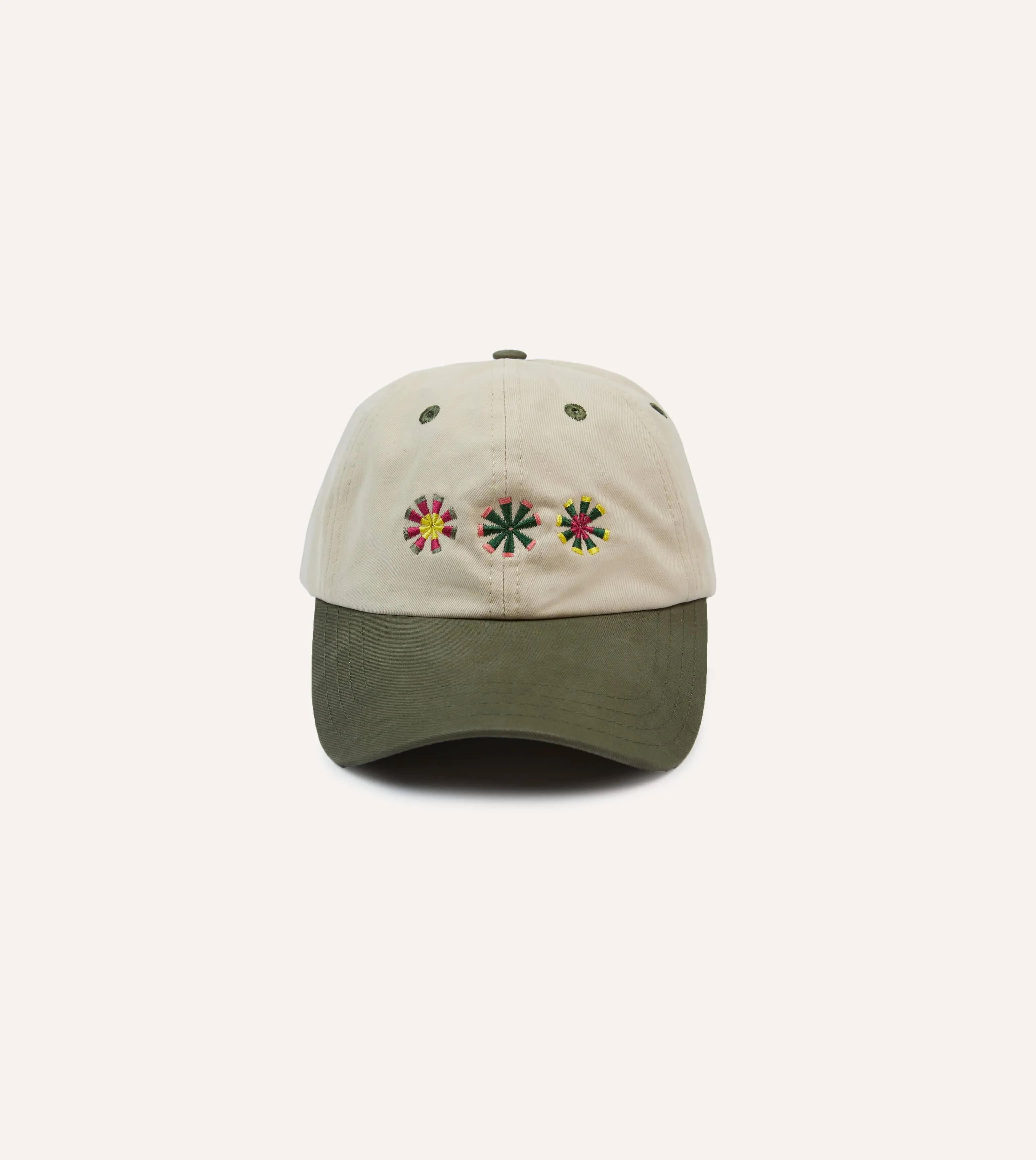 Ecru and Green Kantha Suns Emblem Cotton Baseball Cap sold by Drake's London