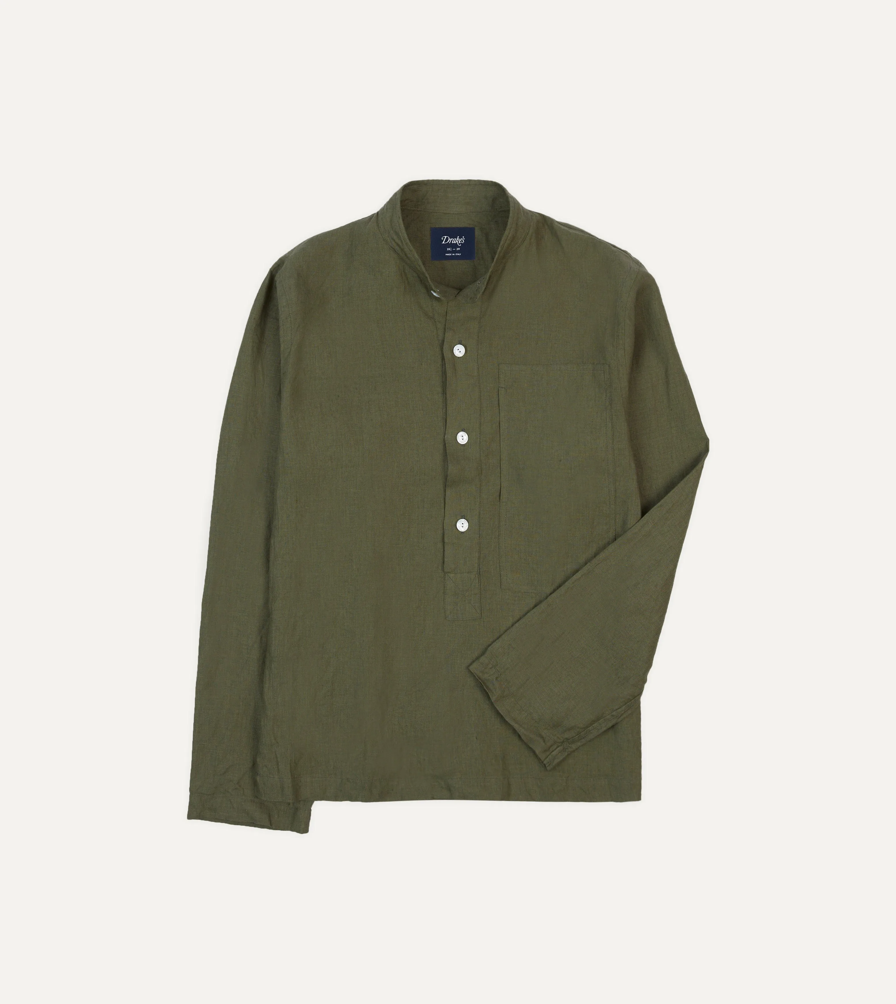 Olive Linen Mandarin Collar Popover Shirt sold by Drake's London