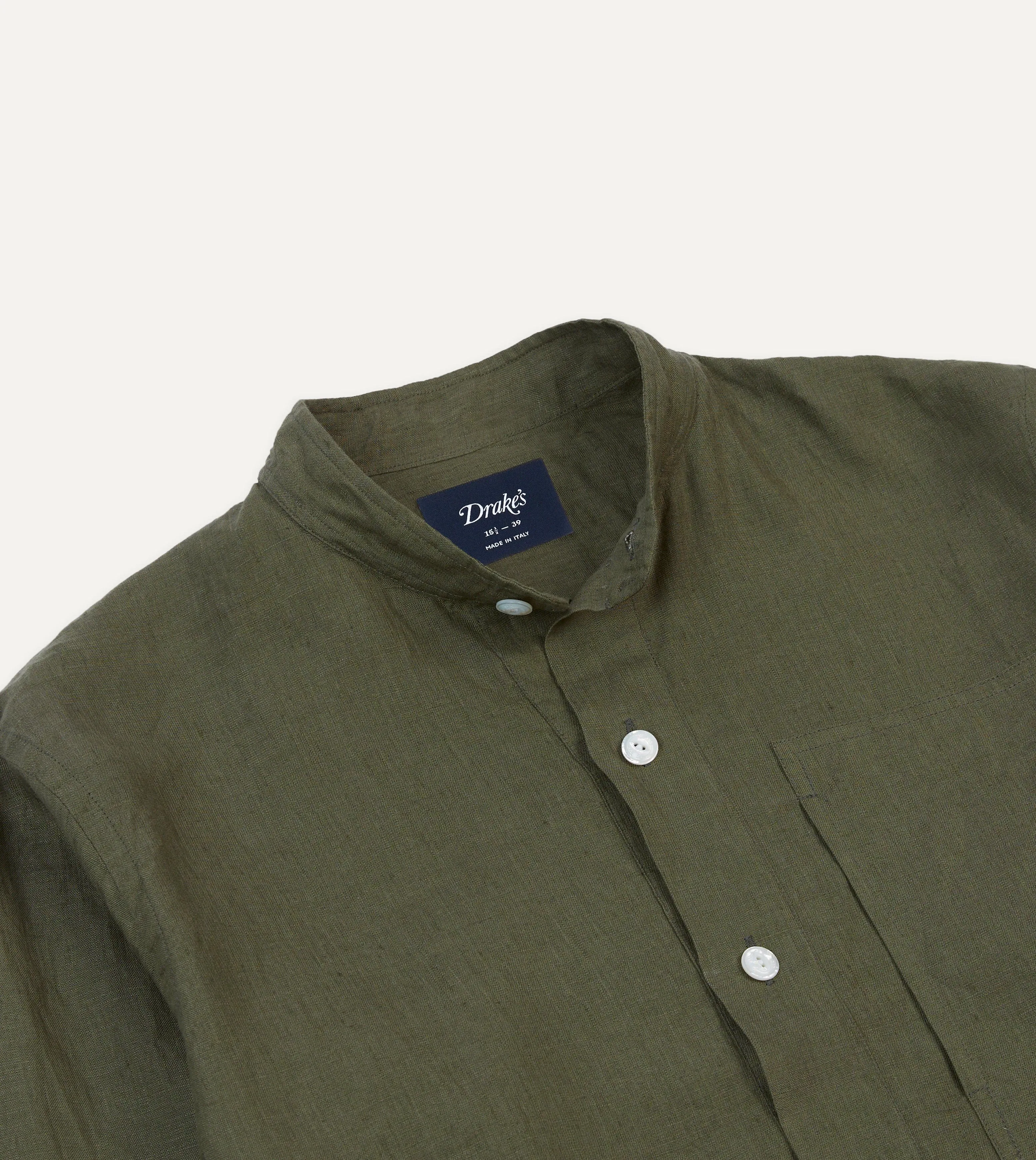 Olive Linen Mandarin Collar Popover Shirt sold by Drake's London product image thumbnail 3
