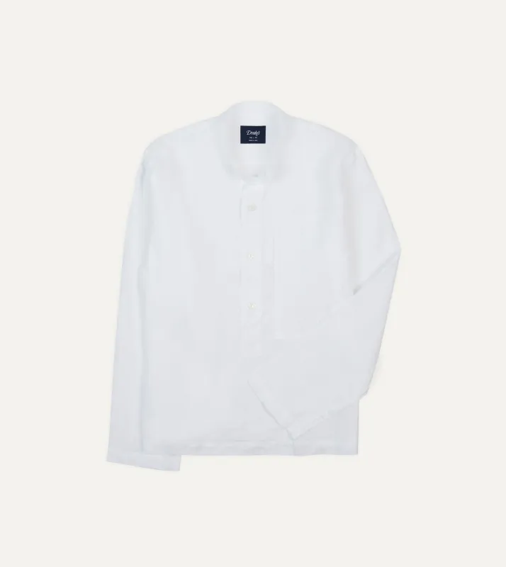 White Linen Mandarin Collar Popover Shirt made by Drake's London