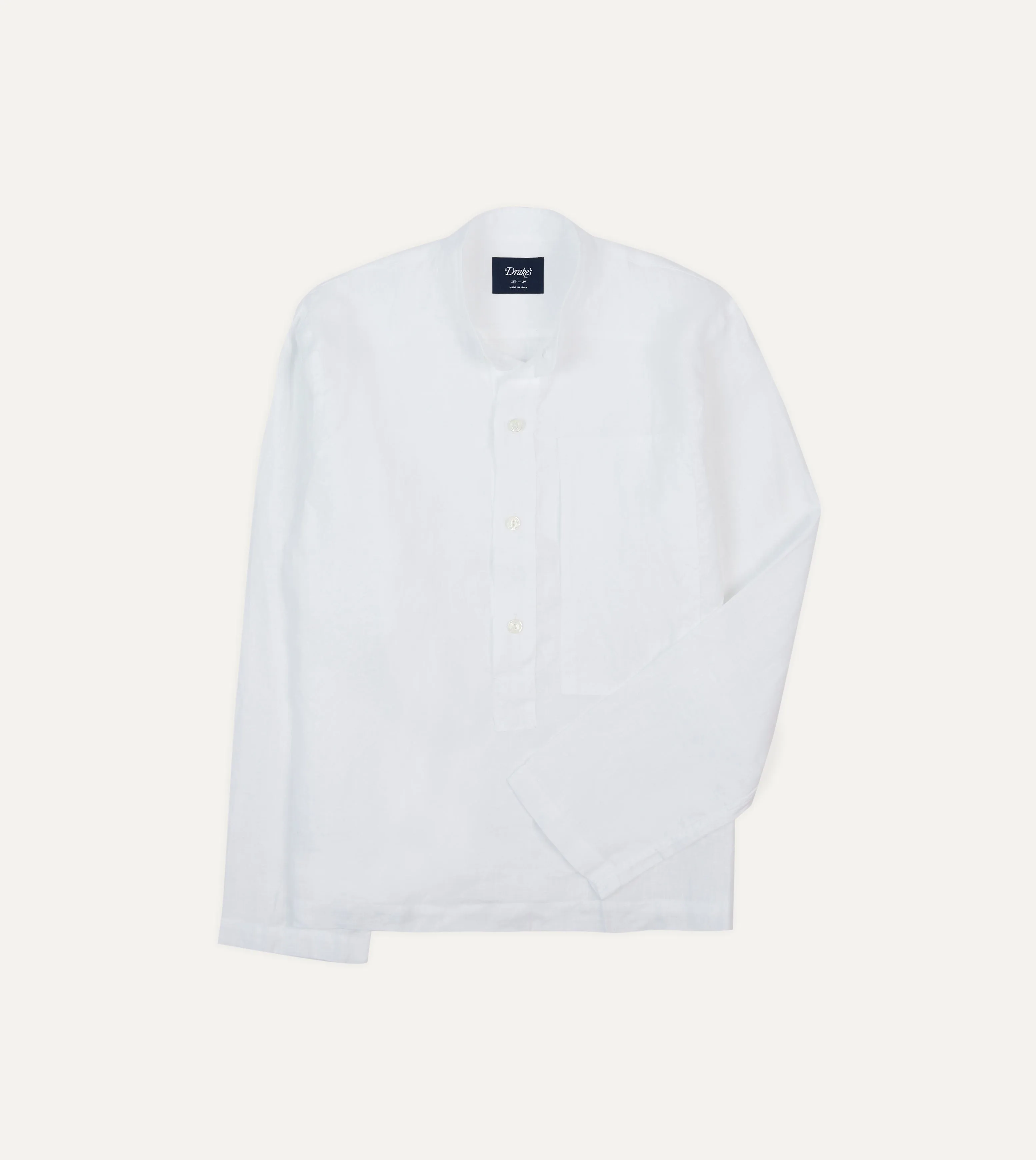 White Linen Mandarin Collar Popover Shirt sold by Drake's London