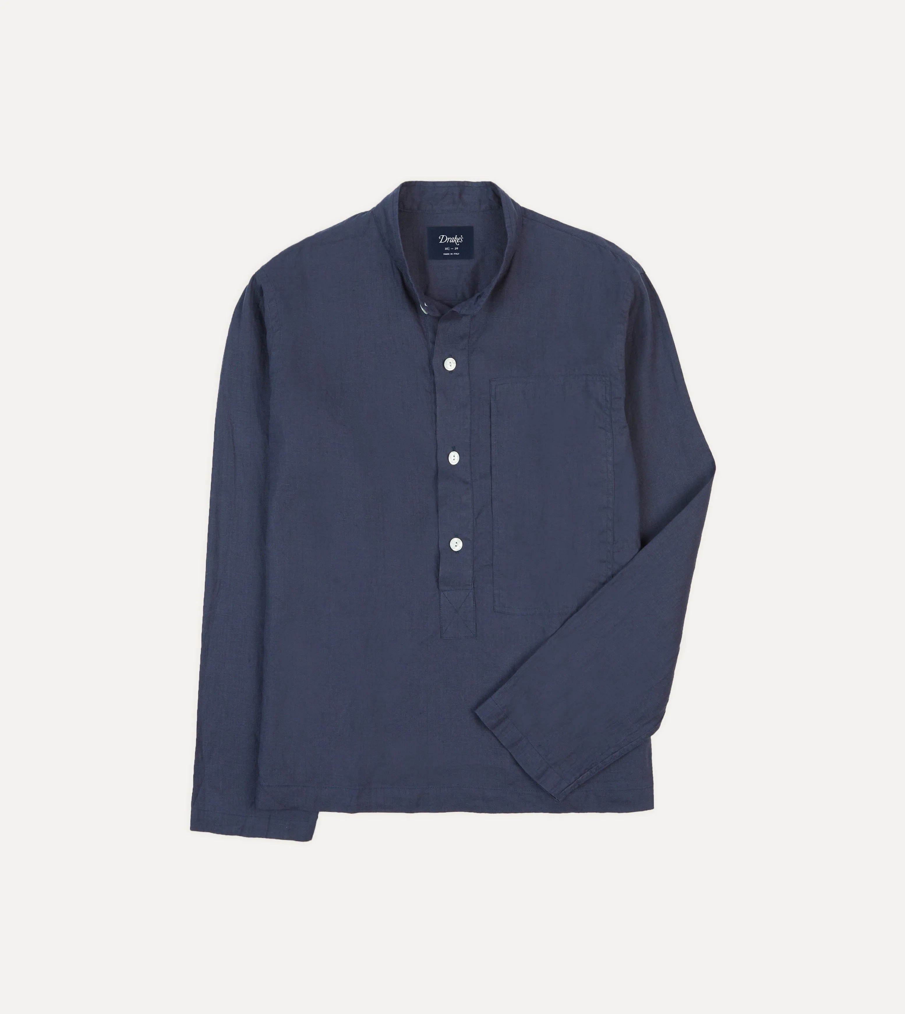 Navy Linen Mandarin Collar Popover Shirt sold by Drake's London
