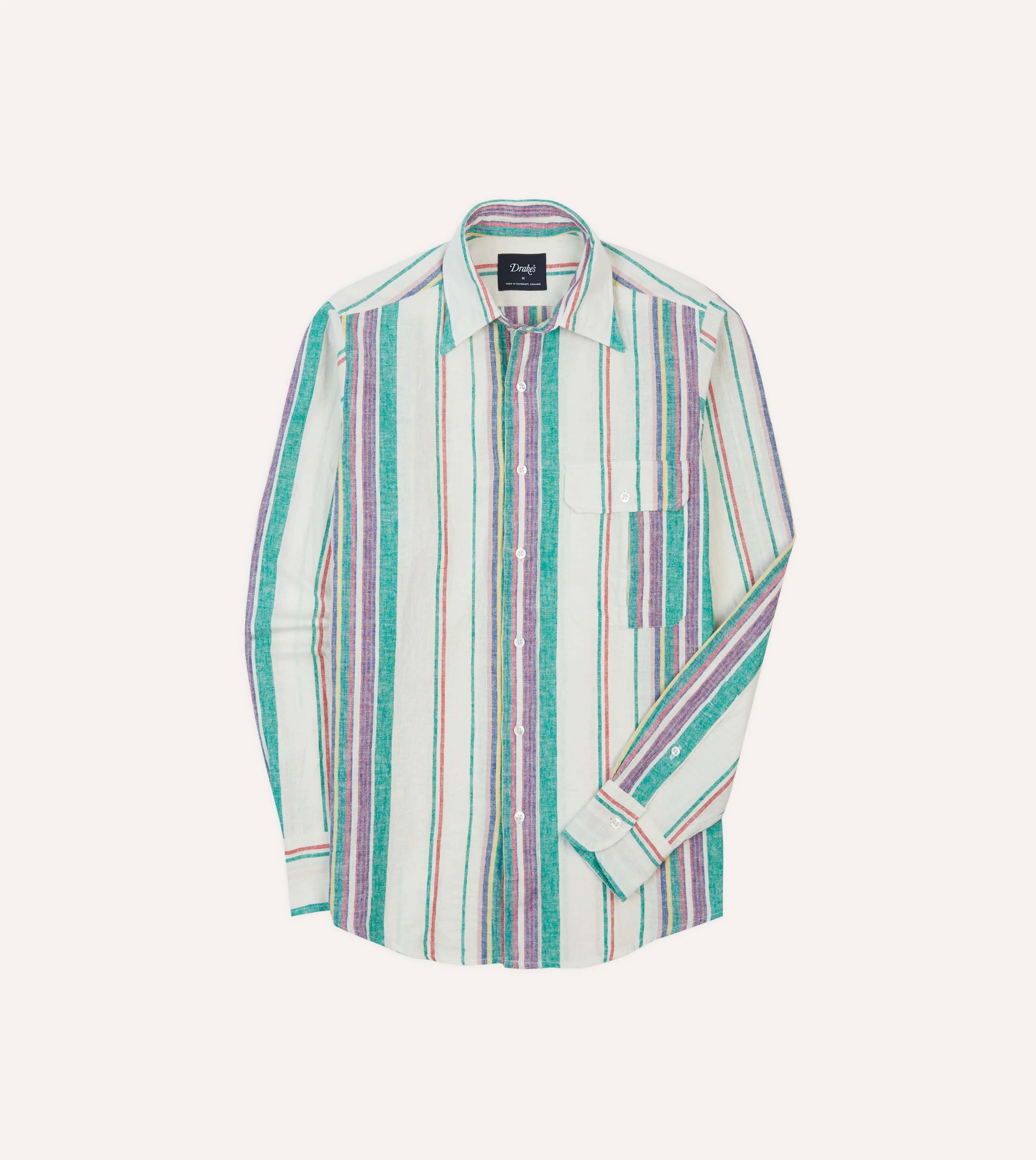 Ecru, Purple and Green Stripe Linen-Cotton Long Point Collar Shirt sold by Drake's London