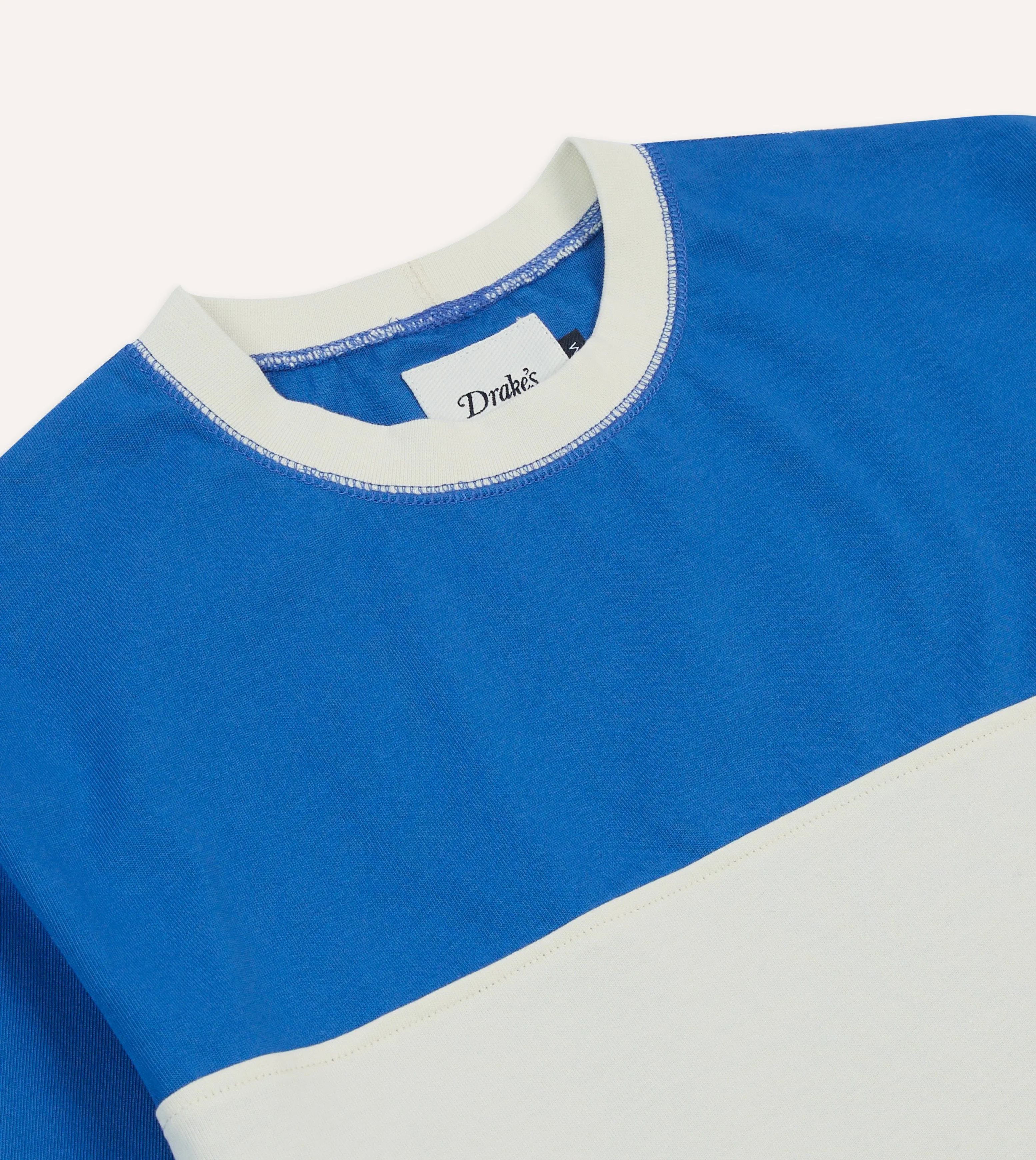 Blue and Ecru Panel Stripe Cotton Crew Neck Hiking T-Shirt sold by Drake's London product image thumbnail 3