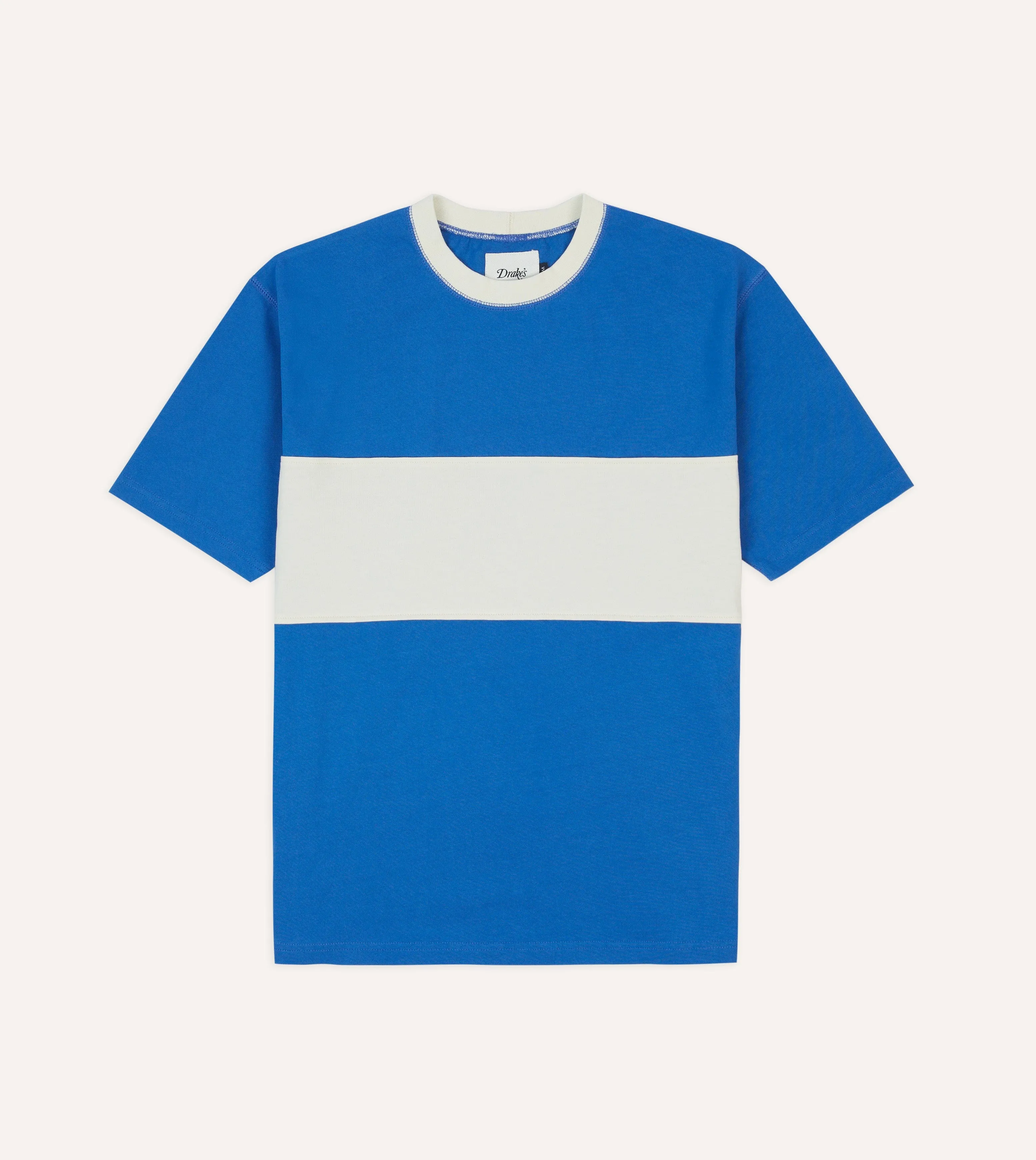 Blue and Ecru Panel Stripe Cotton Crew Neck Hiking T-Shirt sold by Drake's London