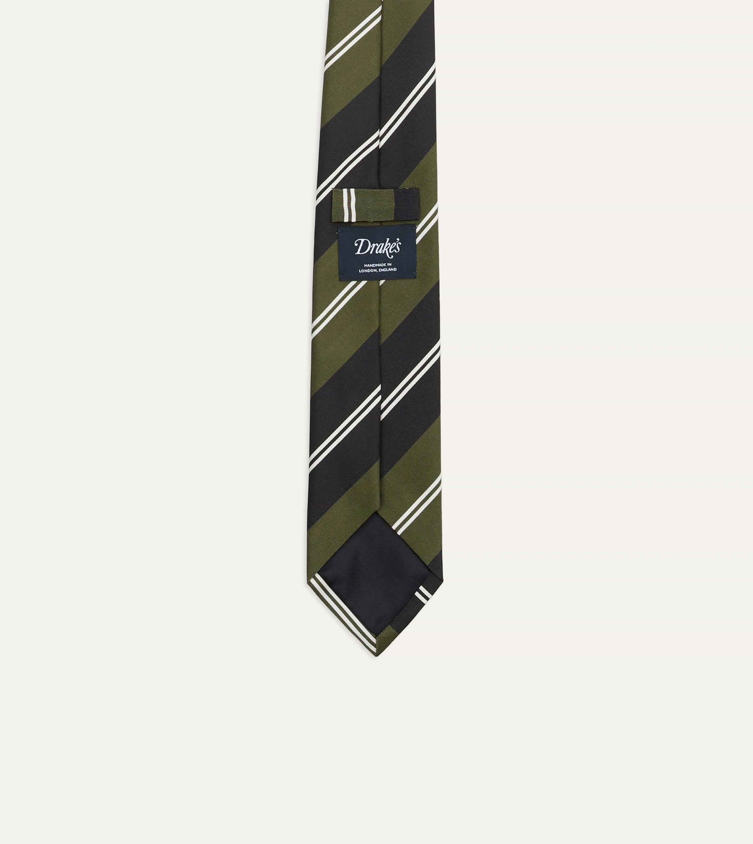 Green, Navy and White Regimental Stripe Mogador Tipped Tie sold by Drake's London product image thumbnail 3