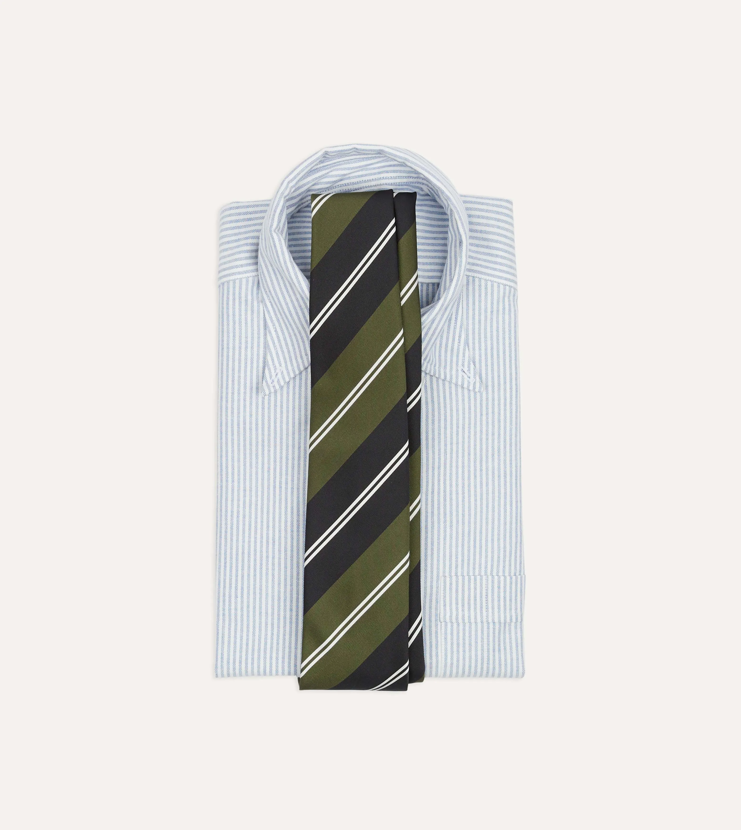Green, Navy and White Regimental Stripe Mogador Tipped Tie sold by Drake's London product image thumbnail 2