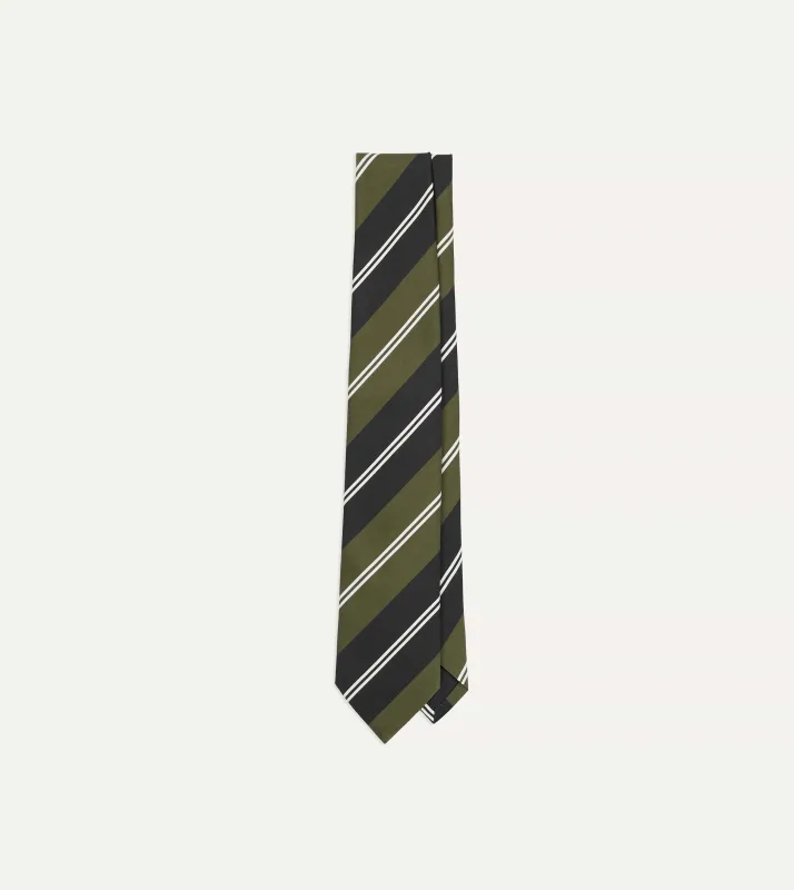 Green, Navy and White Regimental Stripe Mogador Tipped Tie made by Drake's London