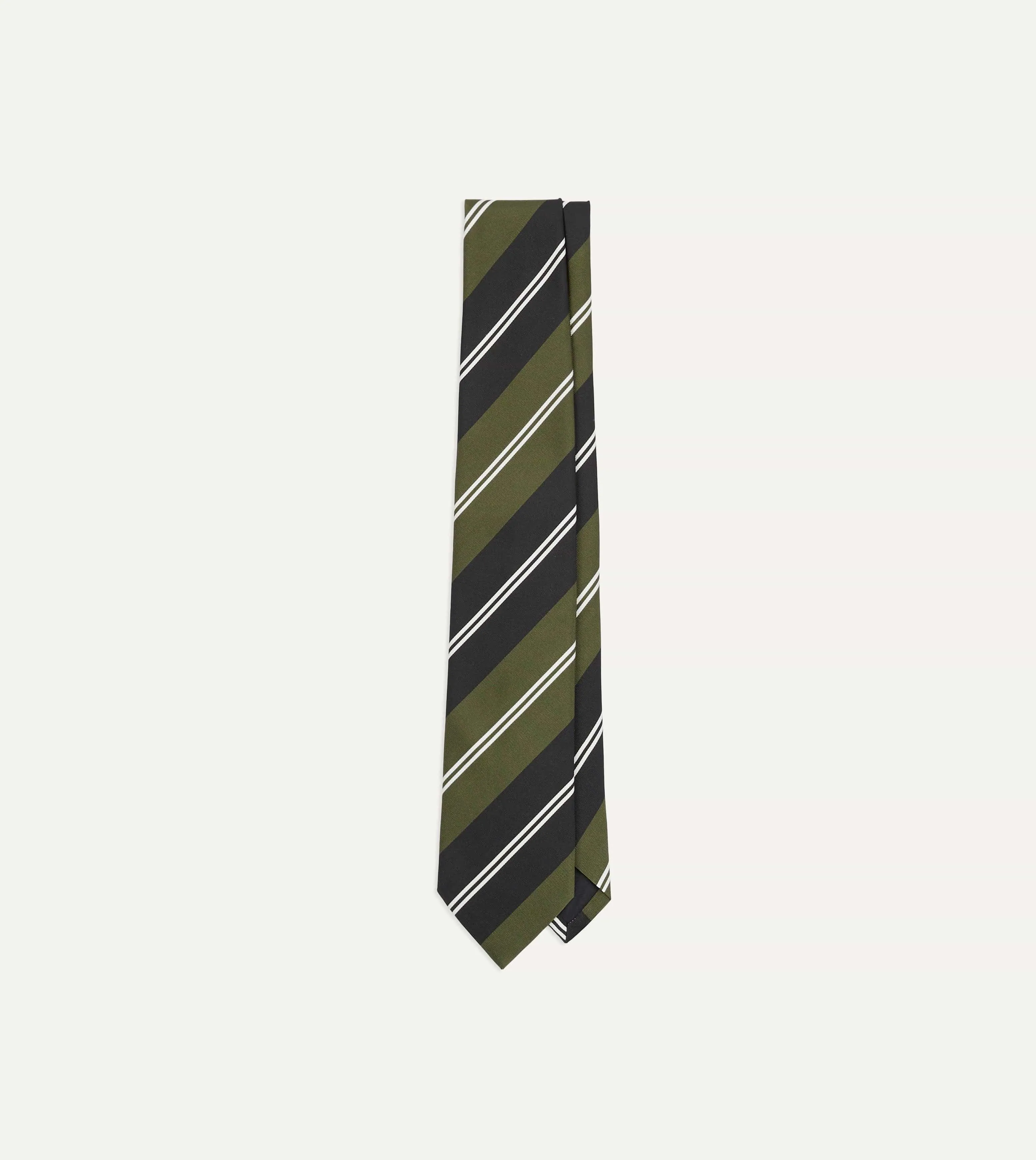 Green, Navy and White Regimental Stripe Mogador Tipped Tie sold by Drake's London