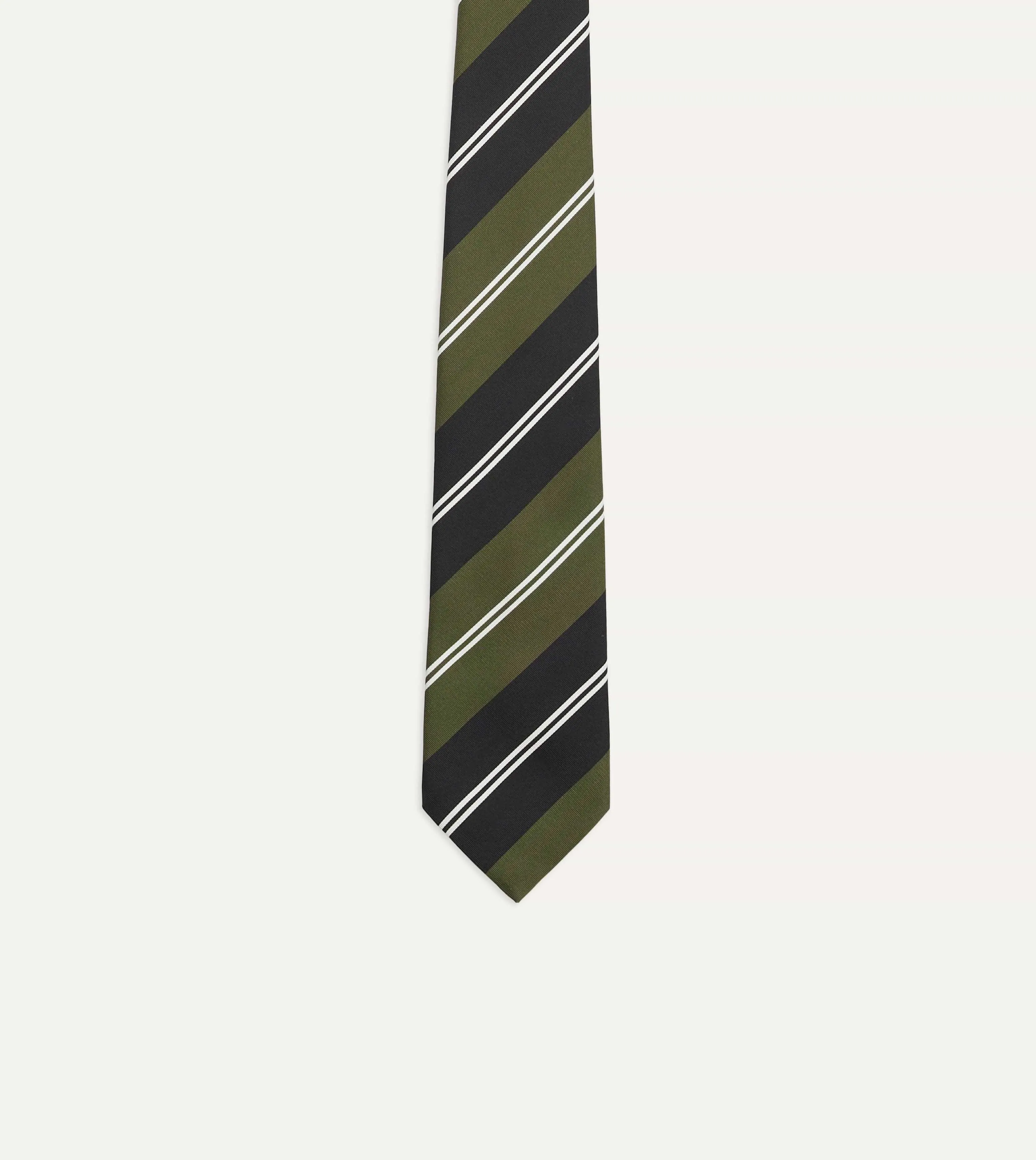 Green, Navy and White Regimental Stripe Mogador Tipped Tie sold by Drake's London product image thumbnail 4