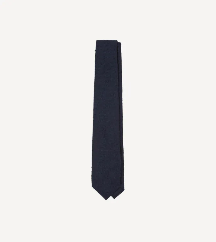 Navy Herringbone Shantung Silk Tipped Tie made by Drake's London