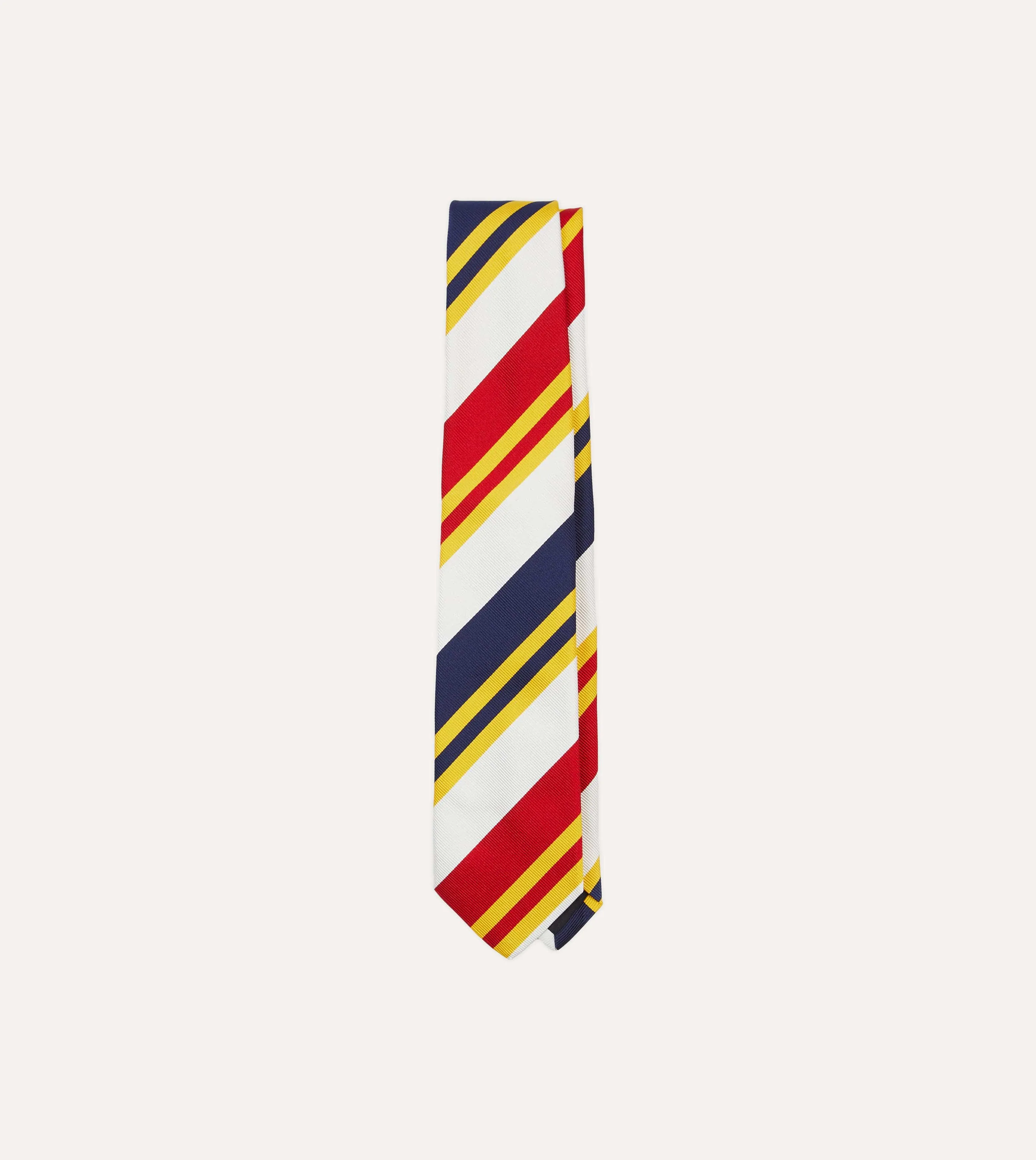 White, Navy, Yellow and Red Wide Stripe Repp Silk Tipped Tie sold by Drake's London