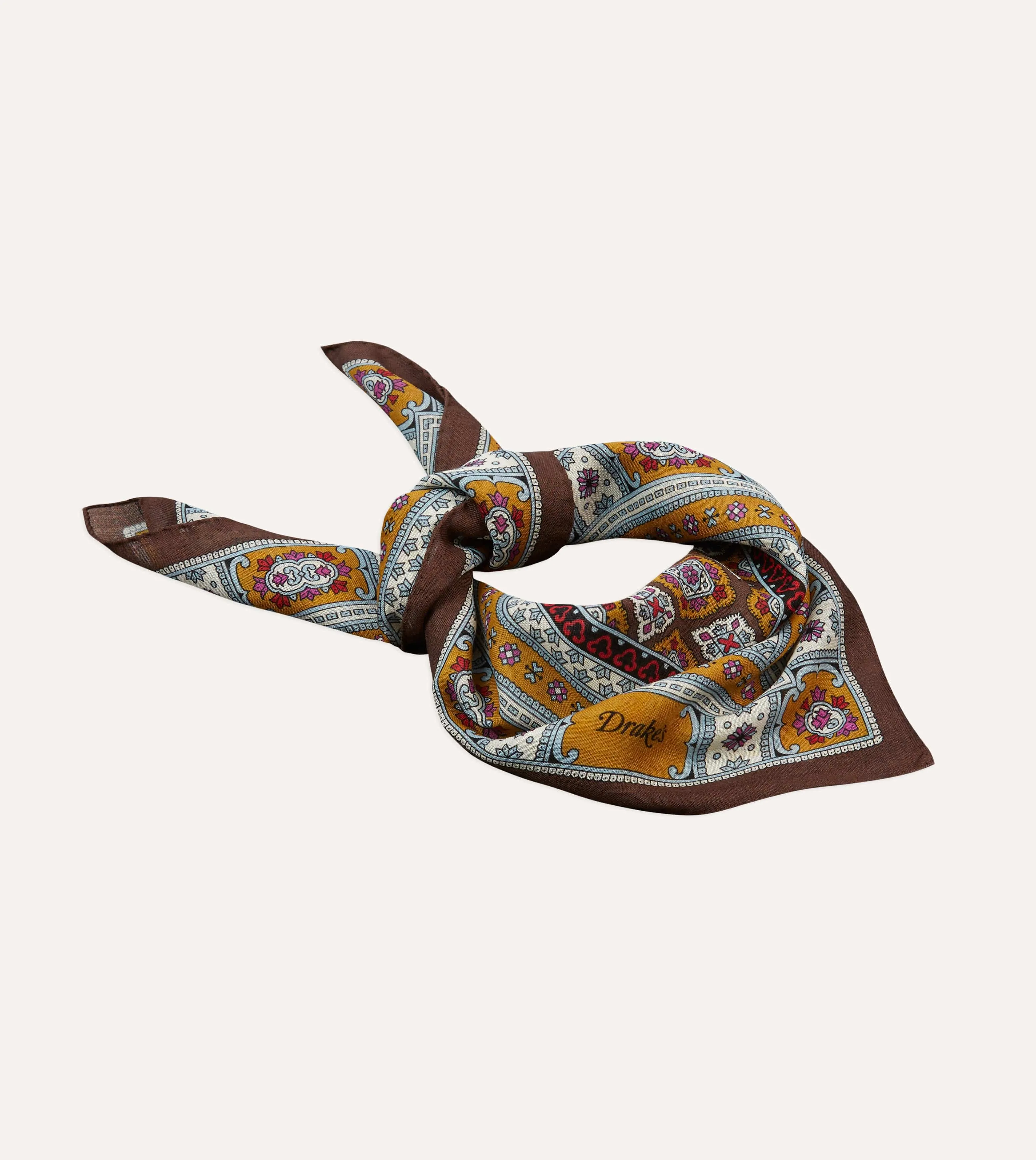 Brown, Blue and Gold Floral Medallion Print Wool-Silk Bandana sold by Drake's London product image thumbnail 4