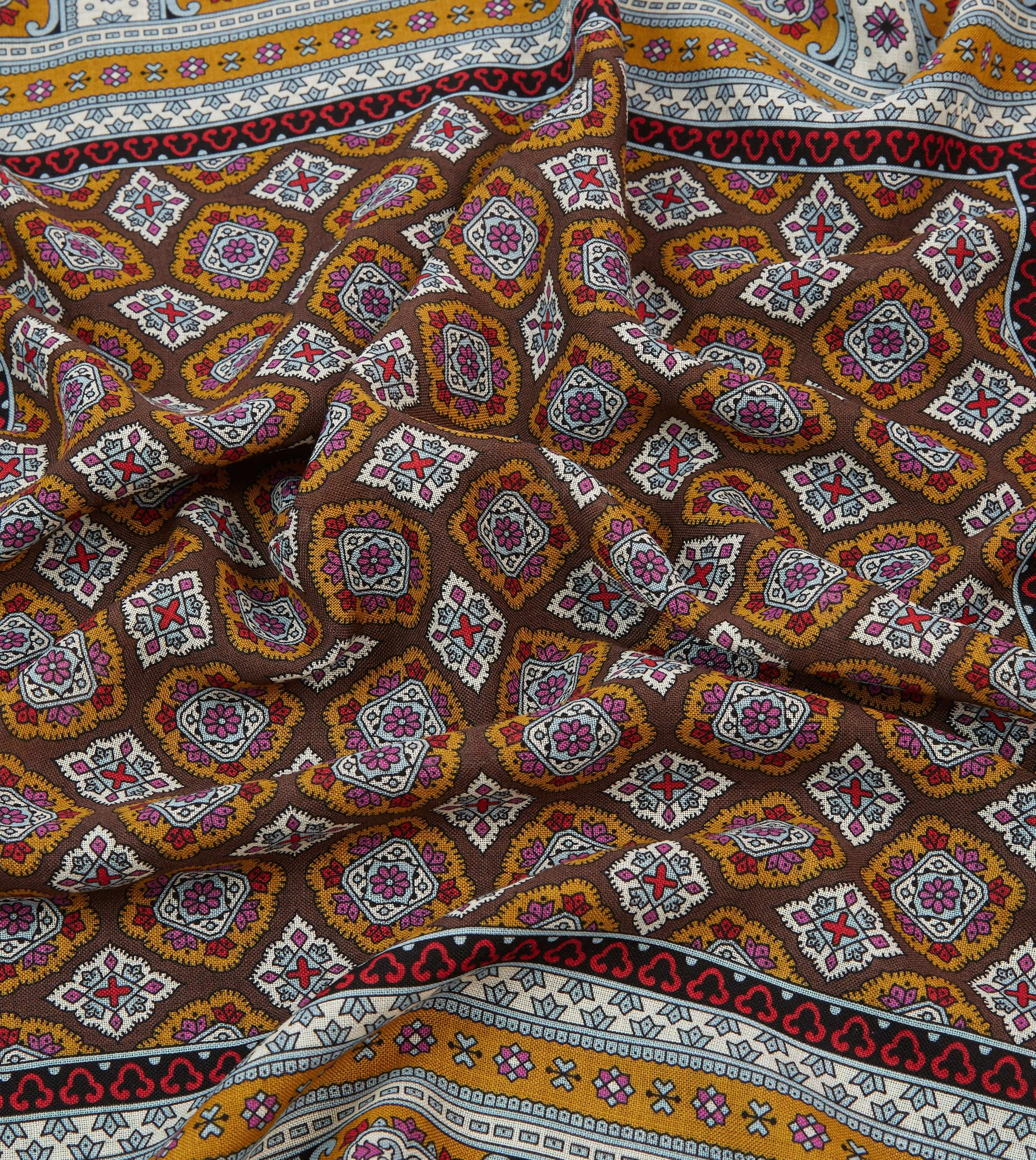 Brown, Blue and Gold Floral Medallion Print Wool-Silk Bandana sold by Drake's London product image thumbnail 2