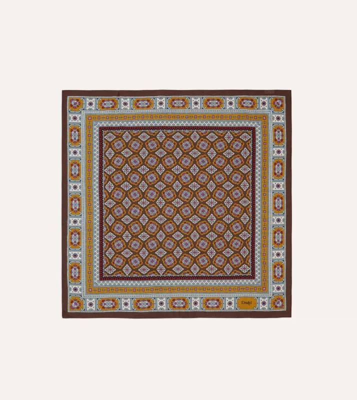 Brown, Blue and Gold Floral Medallion Print Wool-Silk Bandana sold by Drake's London
