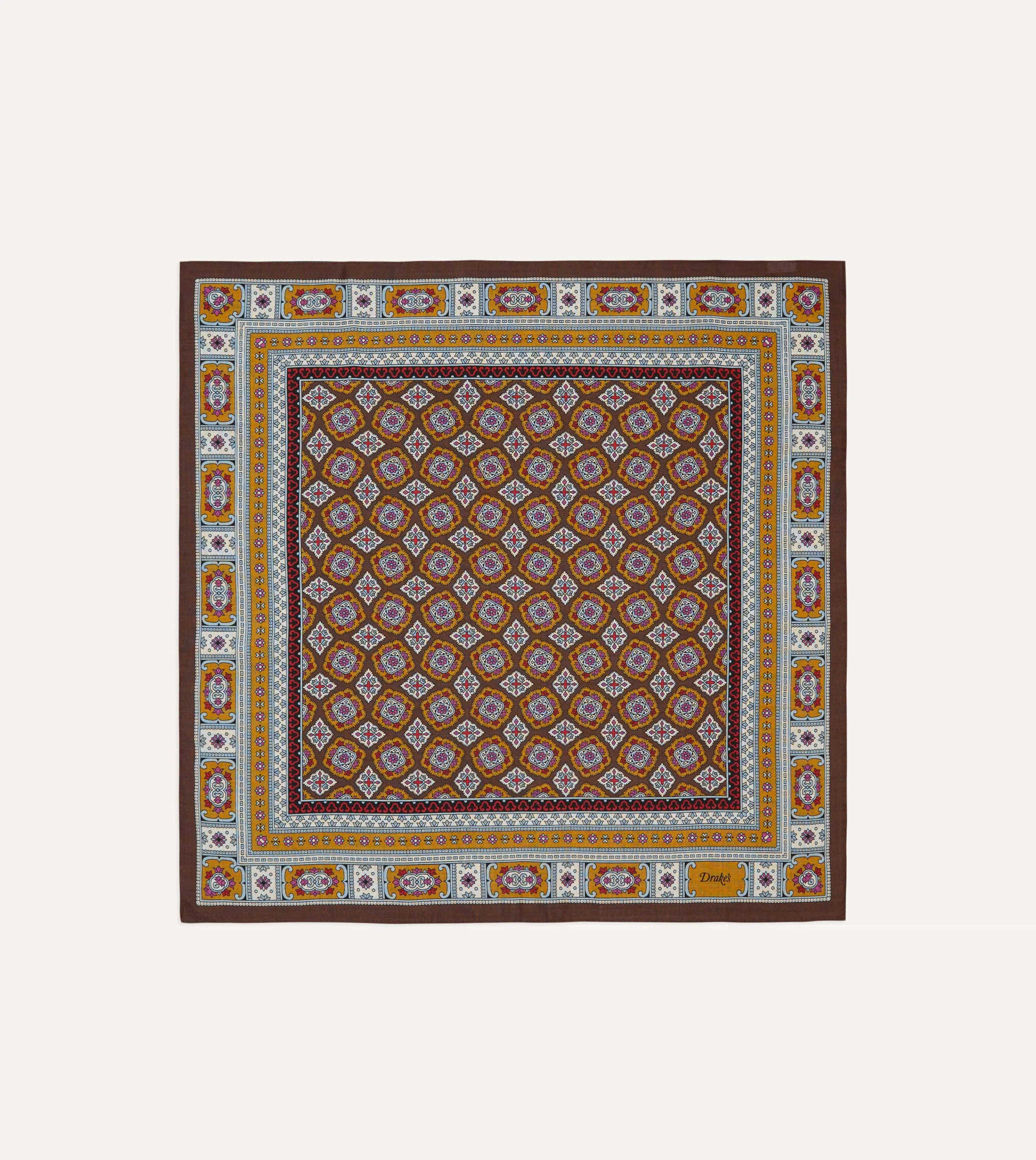 Brown, Blue and Gold Floral Medallion Print Wool-Silk Bandana sold by Drake's London