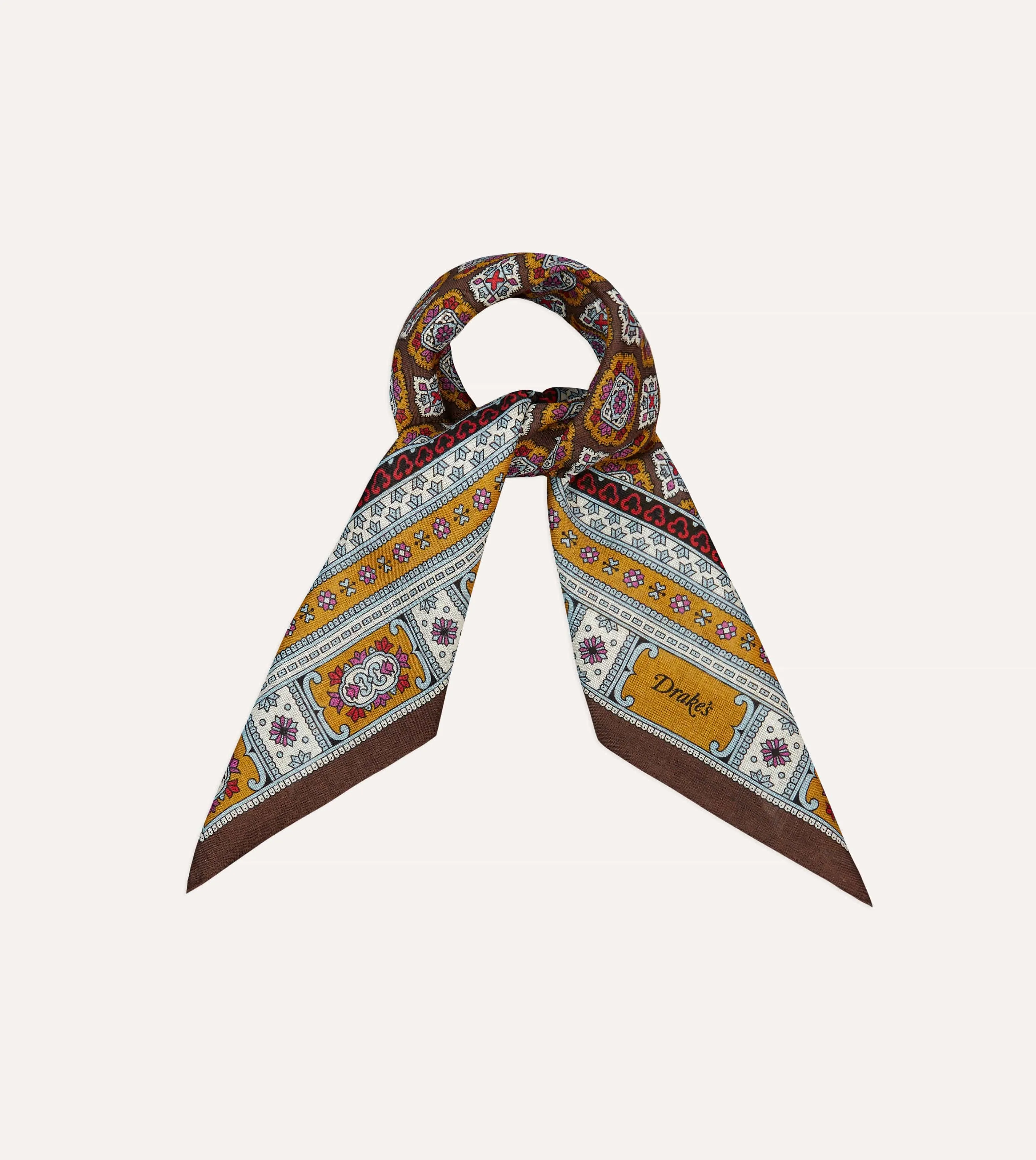 Brown, Blue and Gold Floral Medallion Print Wool-Silk Bandana sold by Drake's London product image thumbnail 5