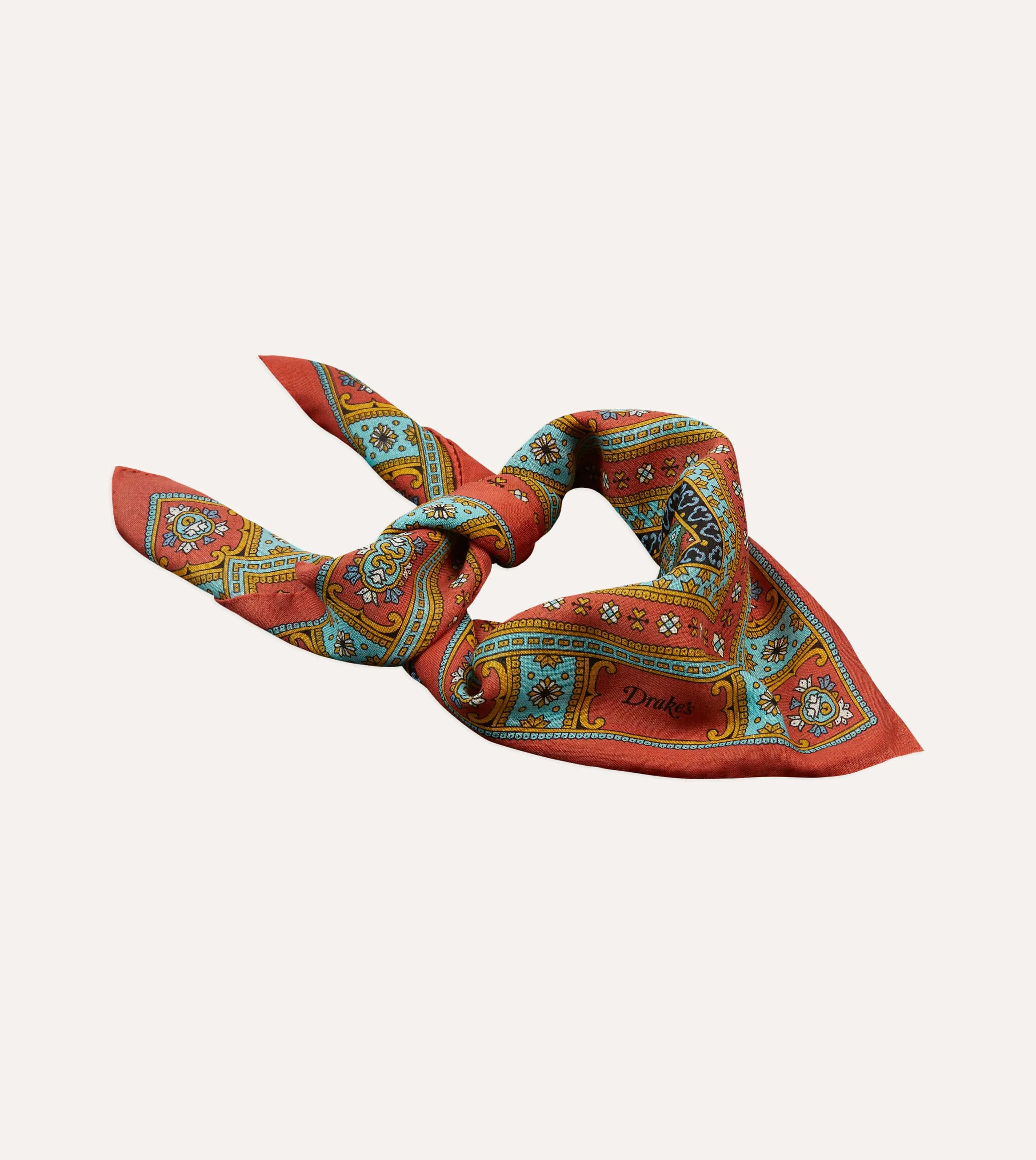 Red, Blue and Gold Floral Medallion Print Wool-Silk Bandana sold by Drake's London product image thumbnail 4