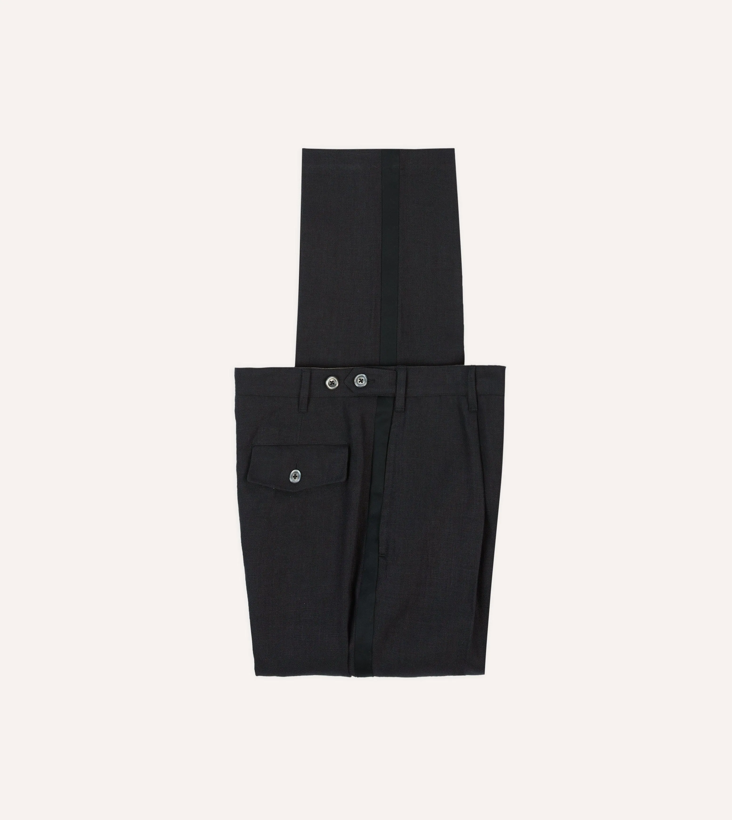 Black Linen Games Dinner Trousers sold by Drake's London