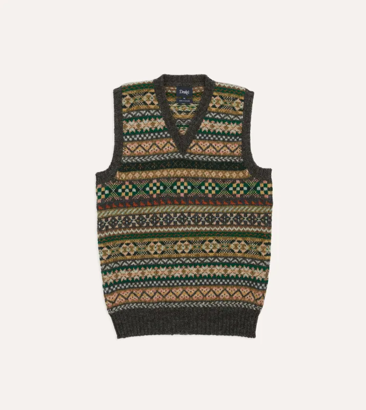 Grey Fair Isle Lambswool Sleeveless V-Neck Jumper sold by Drake's London