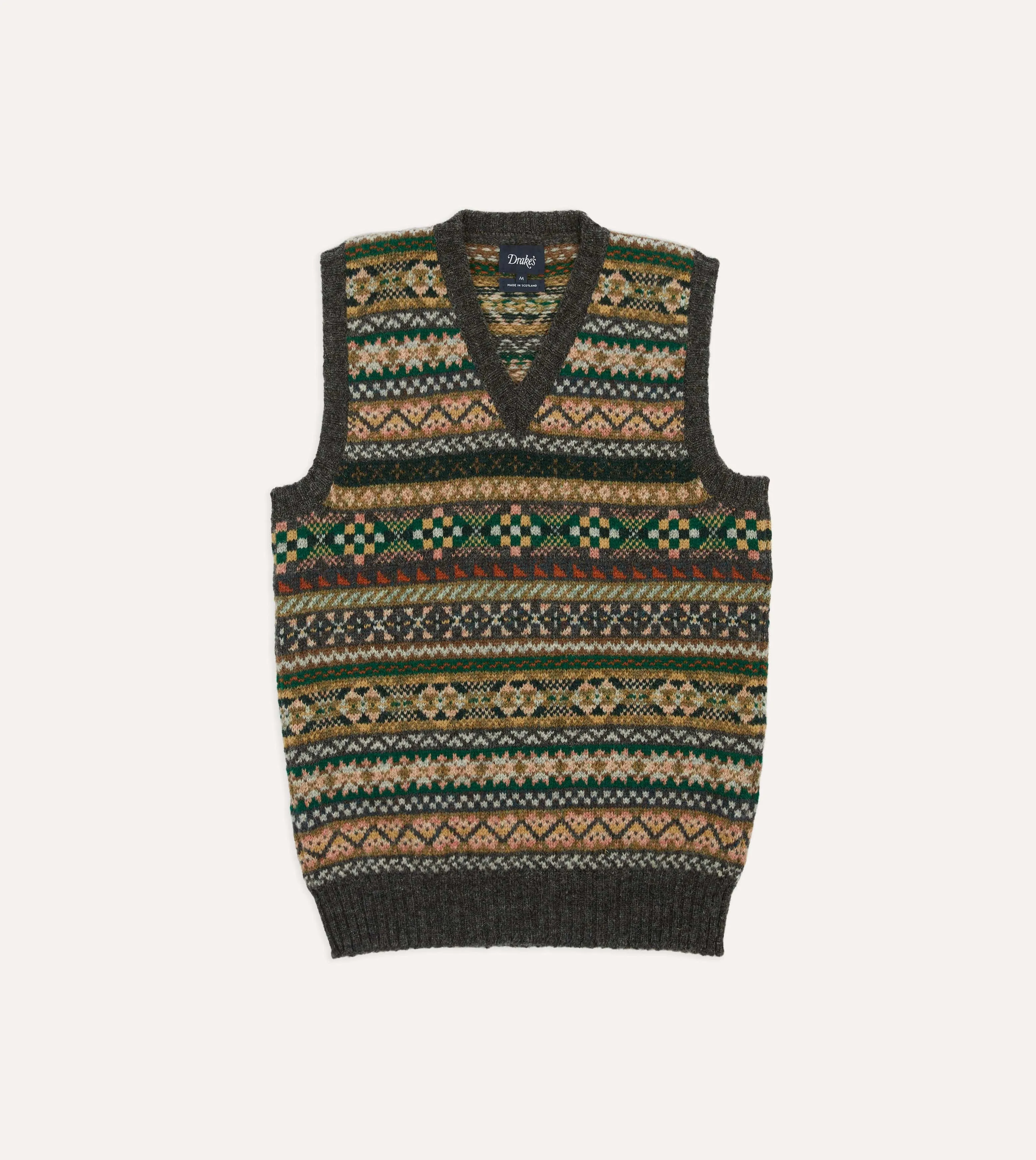 Grey Fair Isle Lambswool Sleeveless V-Neck Jumper sold by Drake's London