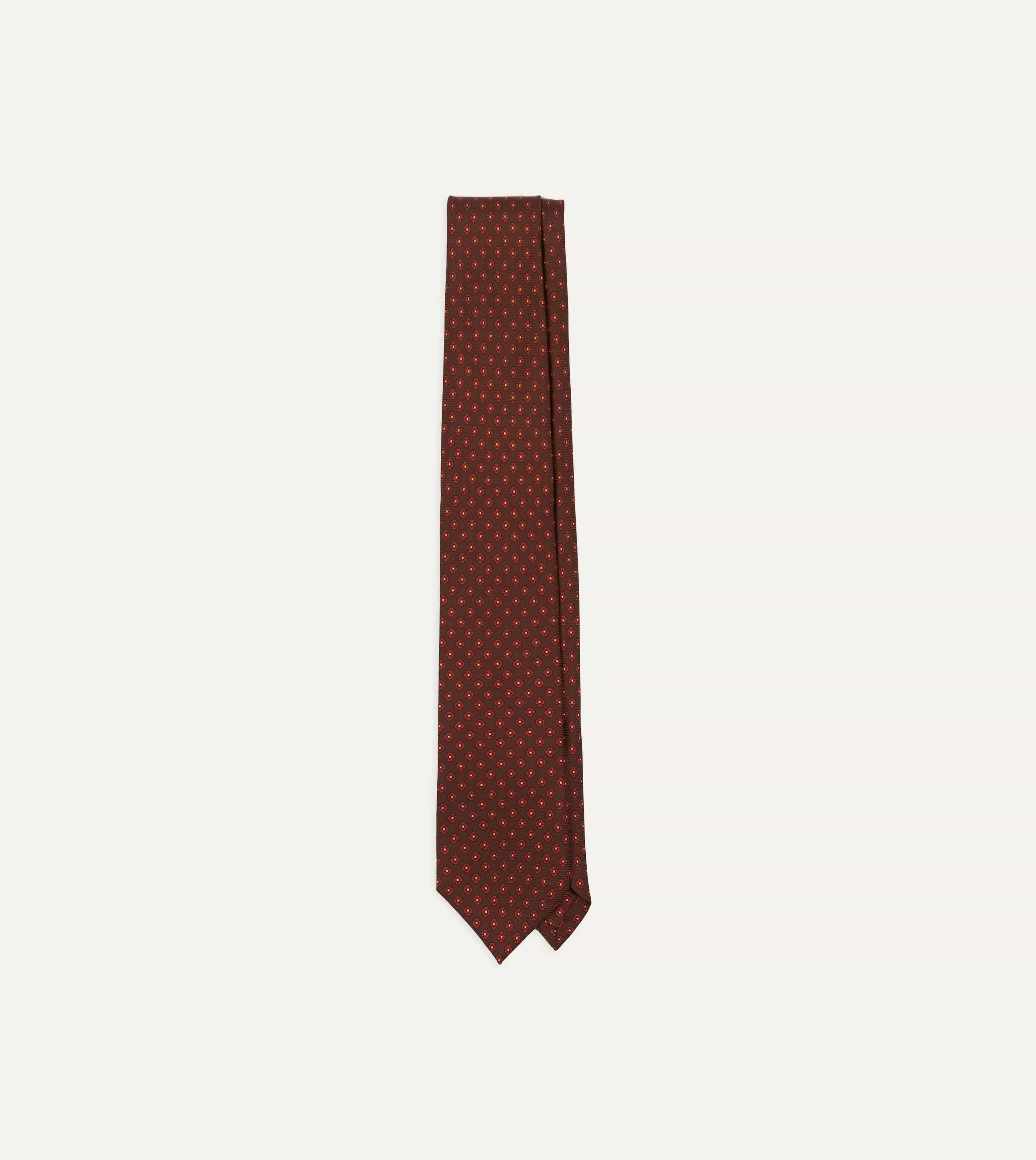 Brown Micro Geometric Print Silk Twill Self Tipped Tie sold by Drake's London