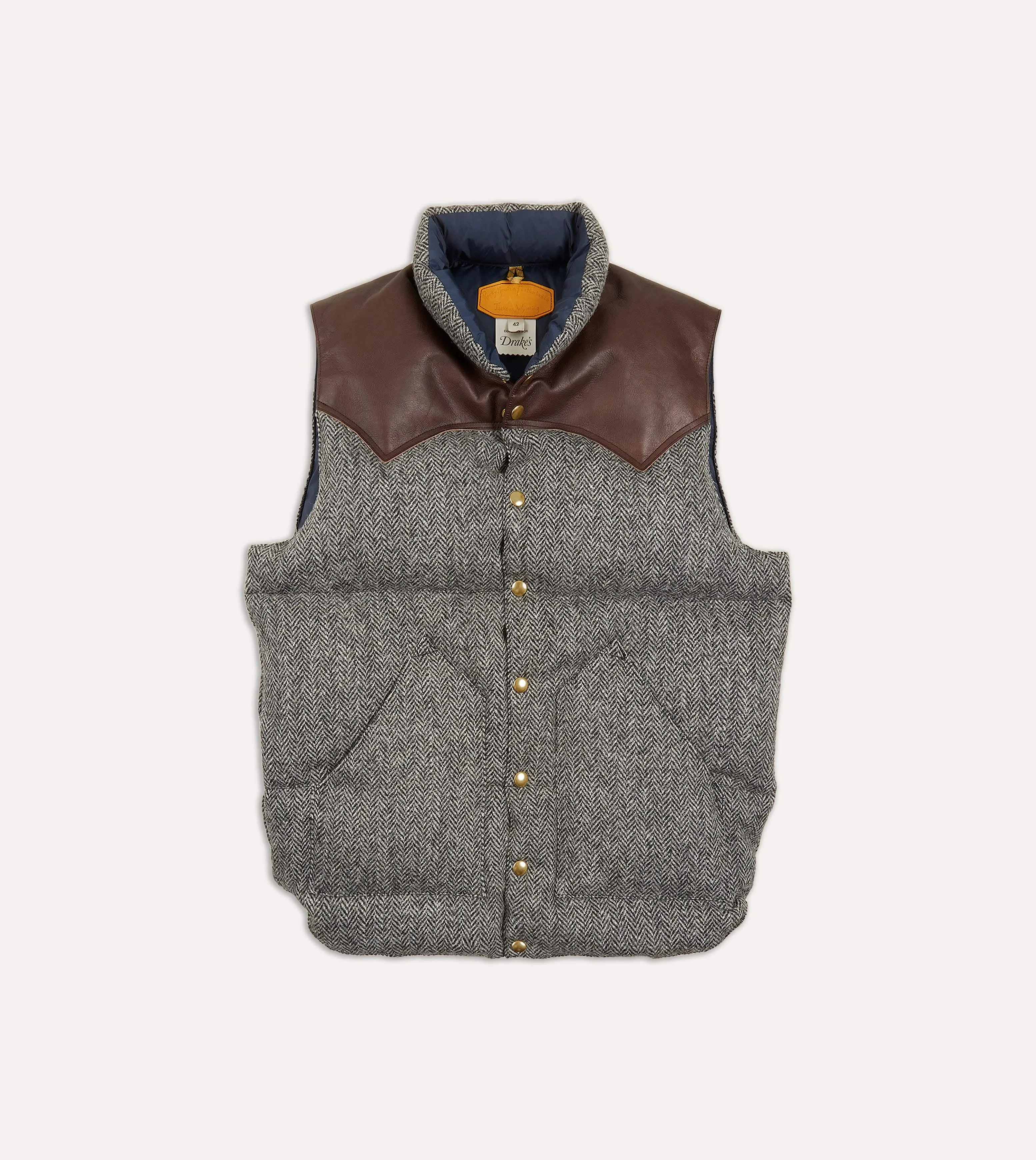 Rocky Mountain Featherbed for Drake's Herringbone Harris Tweed Leather Christy Down Vest sold by Drake's London