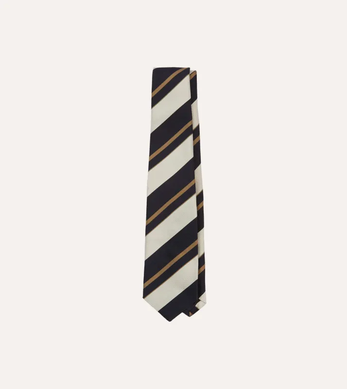 Navy, White and Fawn Stripe Repp Silk Tipped Tie sold by Drake's London