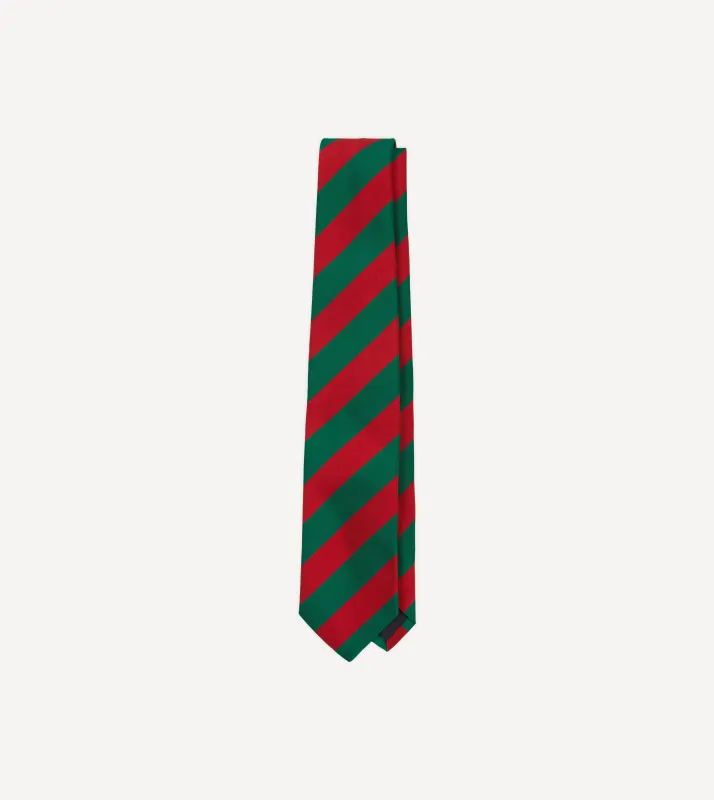 Green and Red Block Stripe Mogador Silk Tipped Tie made by Drake's London