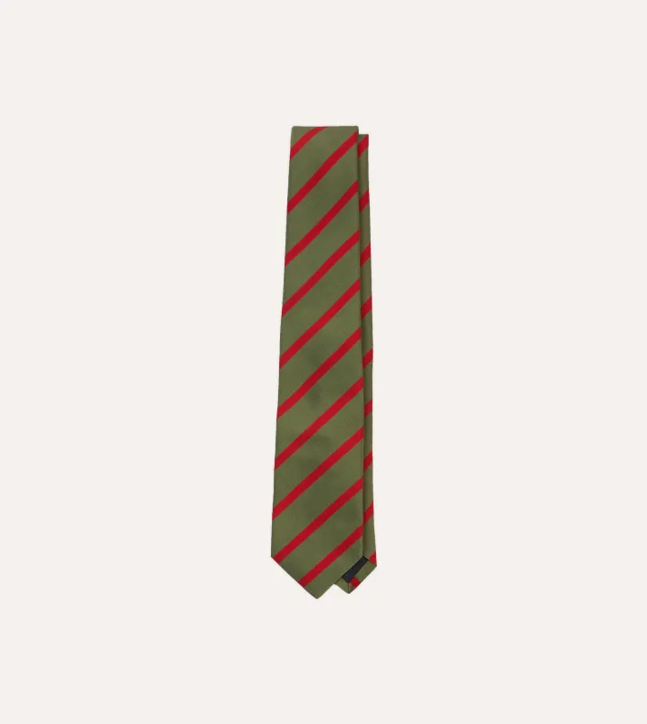 Olive and Red Bar Stripe Mogador Silk Tipped Tie sold by Drake's London