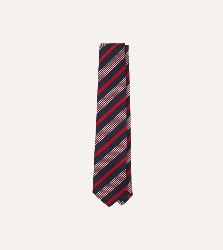 Navy, White and Red Multi Stripe Mogador Silk Tipped Tie sold by Drake's London
