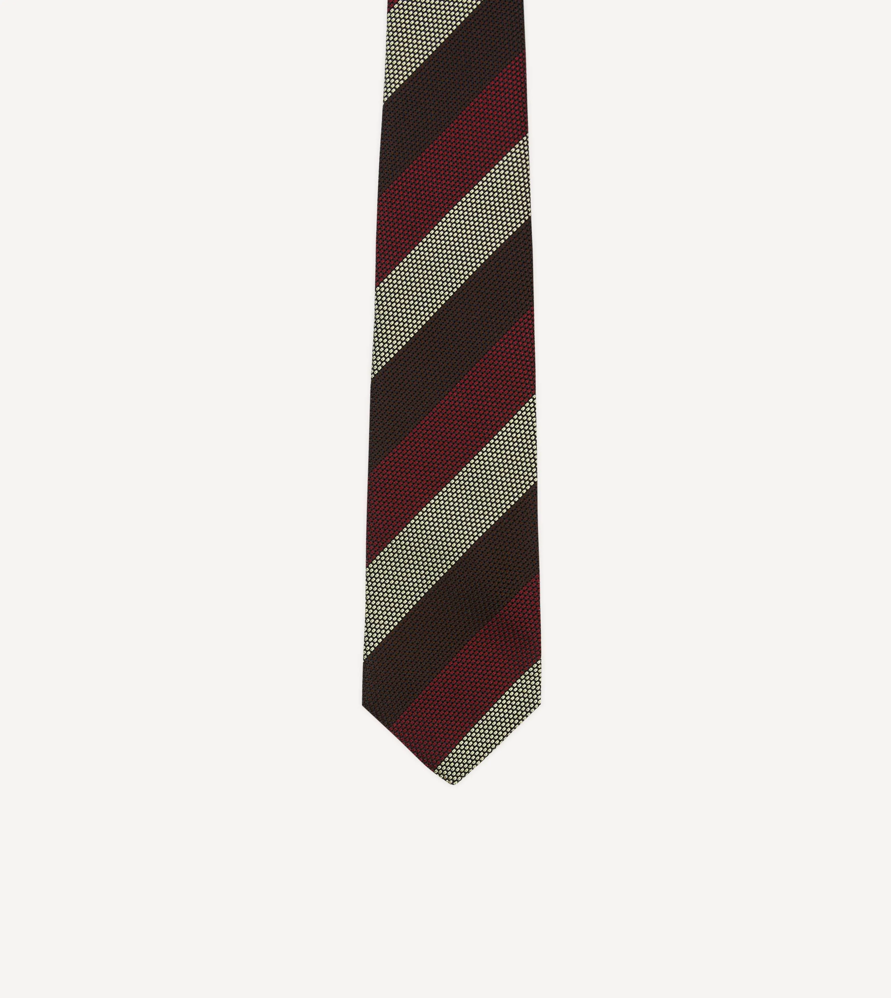 Brown, Red and Ecru Block Stripe Hand Rolled Silk Grenadine Tie sold by Drake's London product image thumbnail 3