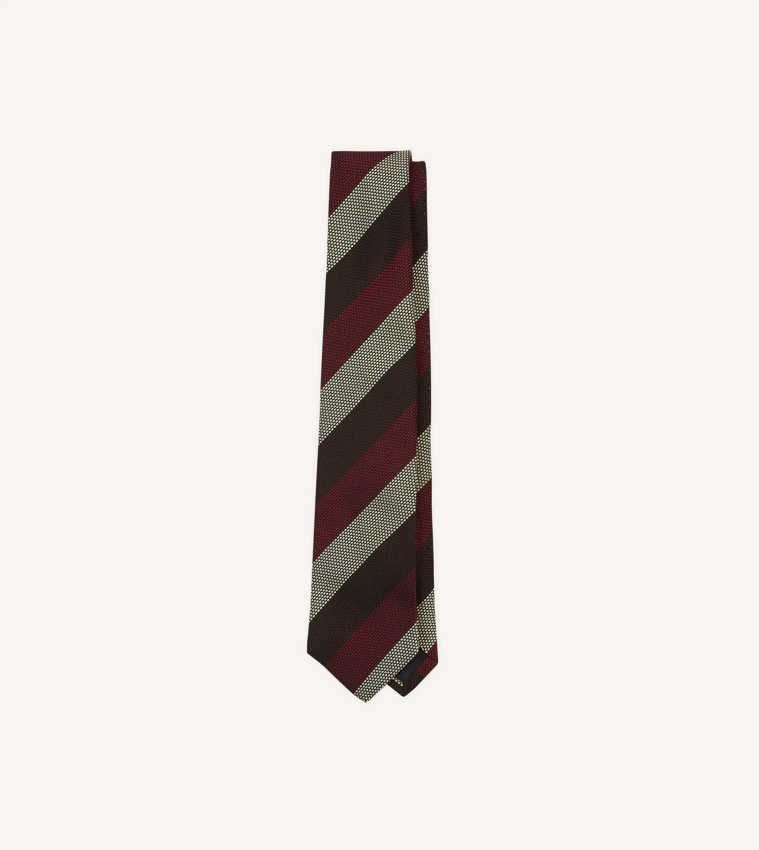 Brown, Red and Ecru Block Stripe Hand Rolled Silk Grenadine Tie sold by Drake's London