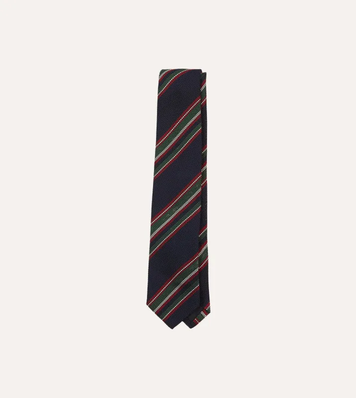 Navy, Green and Red Stripe Hand Rolled Silk Grenadine Tie sold by Drake's London