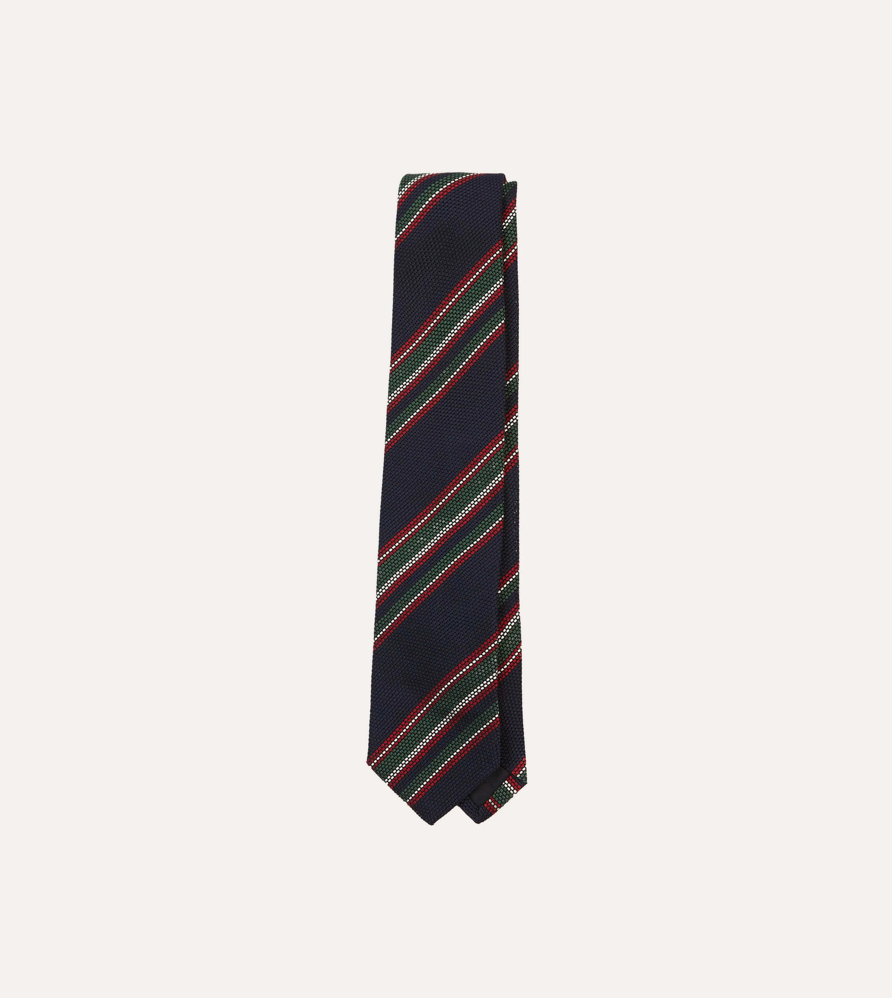Navy, Green and Red Stripe Hand Rolled Silk Grenadine Tie sold by Drake's London