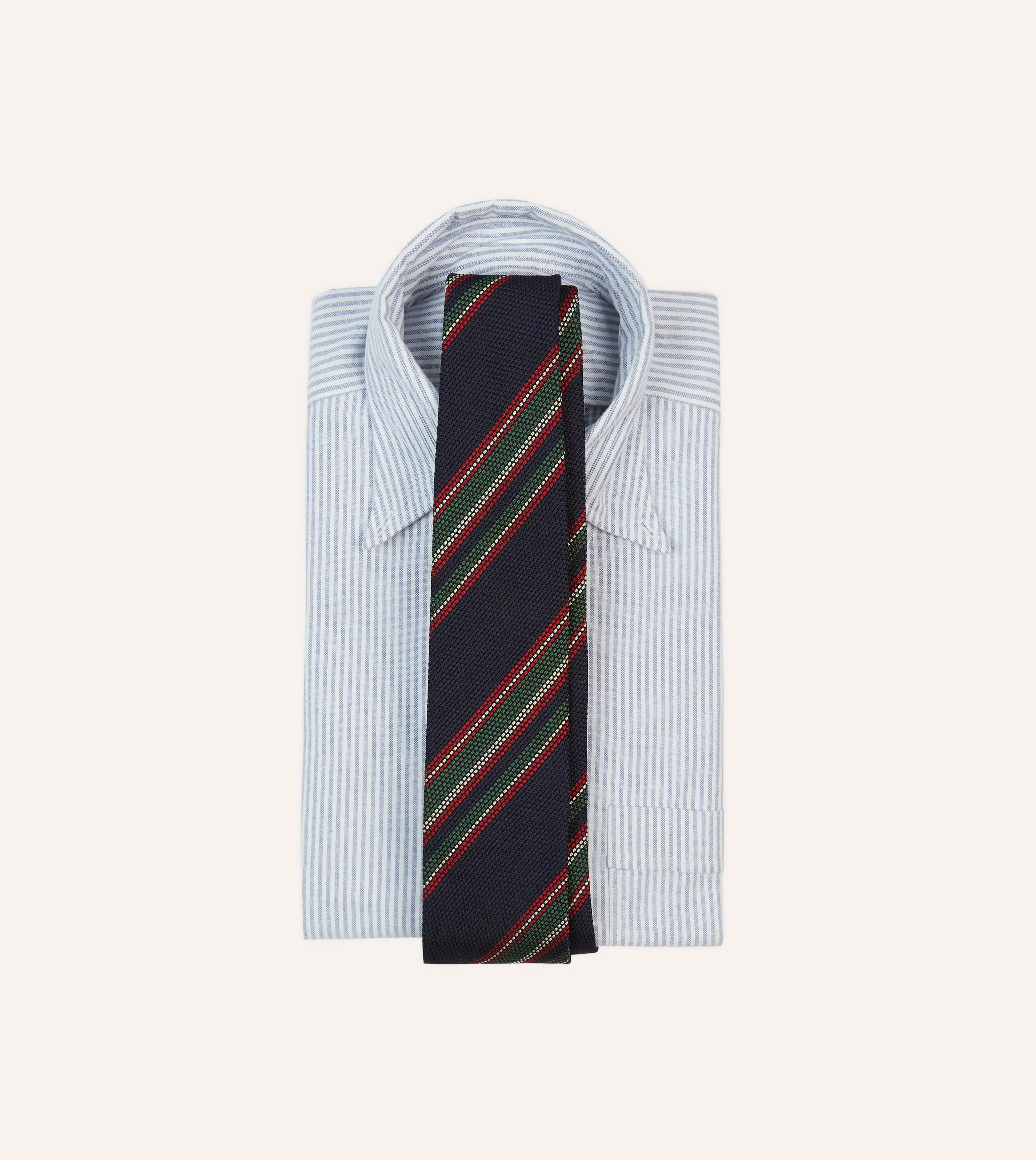 Navy, Green and Red Stripe Hand Rolled Silk Grenadine Tie sold by Drake's London product image thumbnail 2