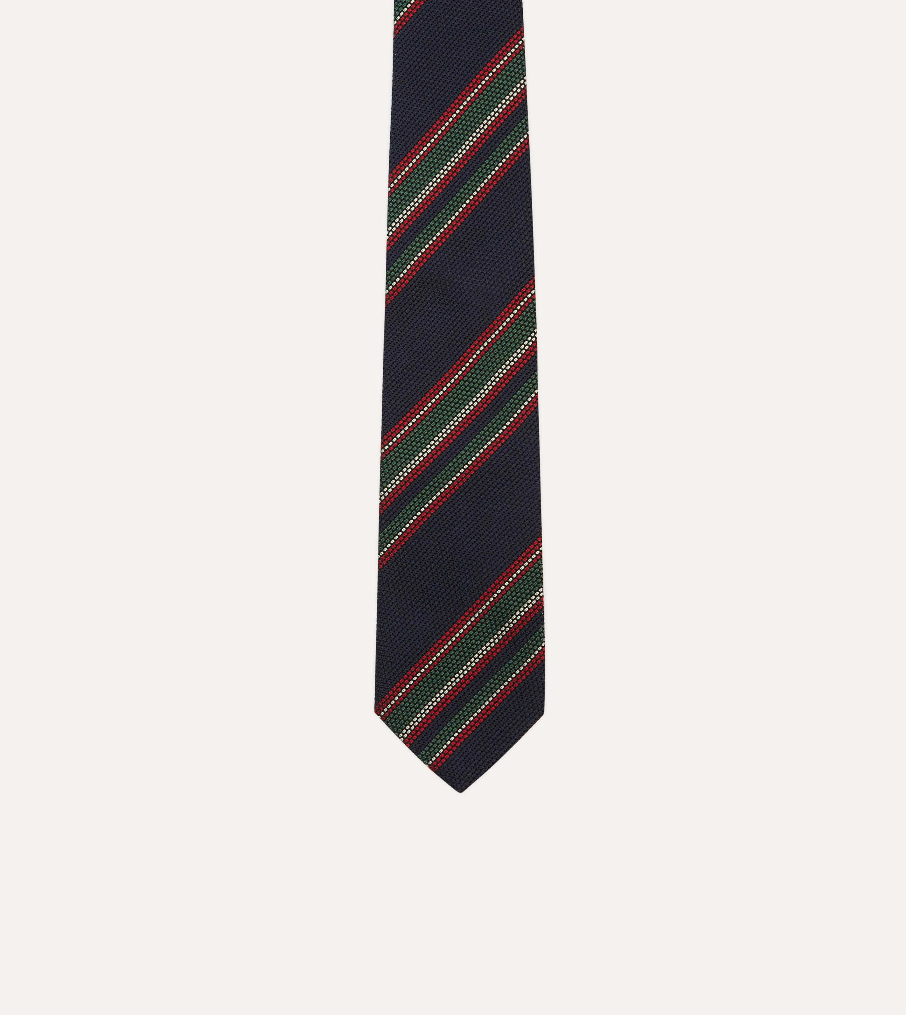 Navy, Green and Red Stripe Hand Rolled Silk Grenadine Tie sold by Drake's London product image thumbnail 3